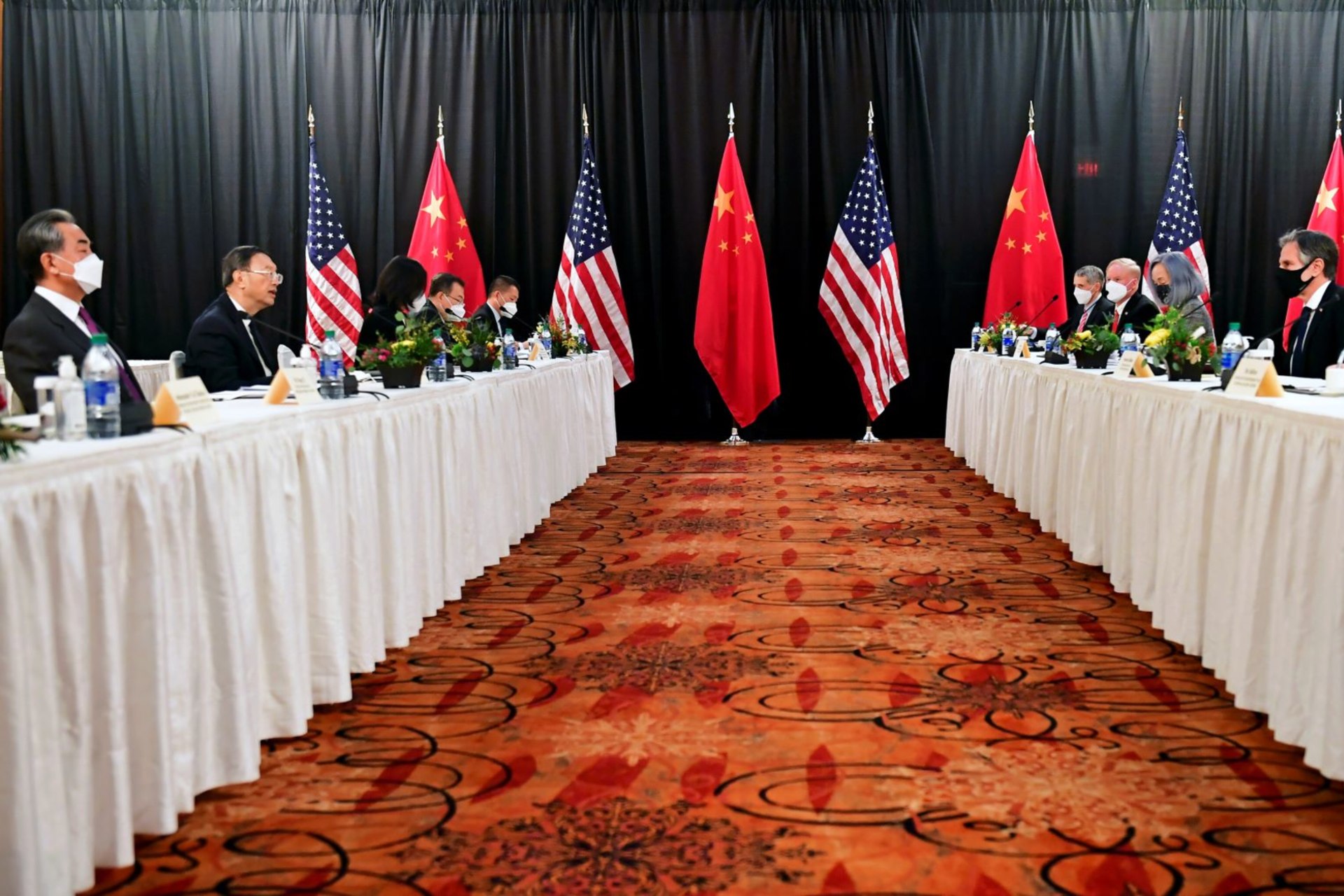 <p>U.S. Secretary of State Antony Blinken, National Security Advisor Jake Sullivan, speaks while facing Yang Jiechi, director of the Central Foreign Affairs Commission Office, and Wang Yi, China’s State Councilor and Foreign Minister, at the opening session </p>

