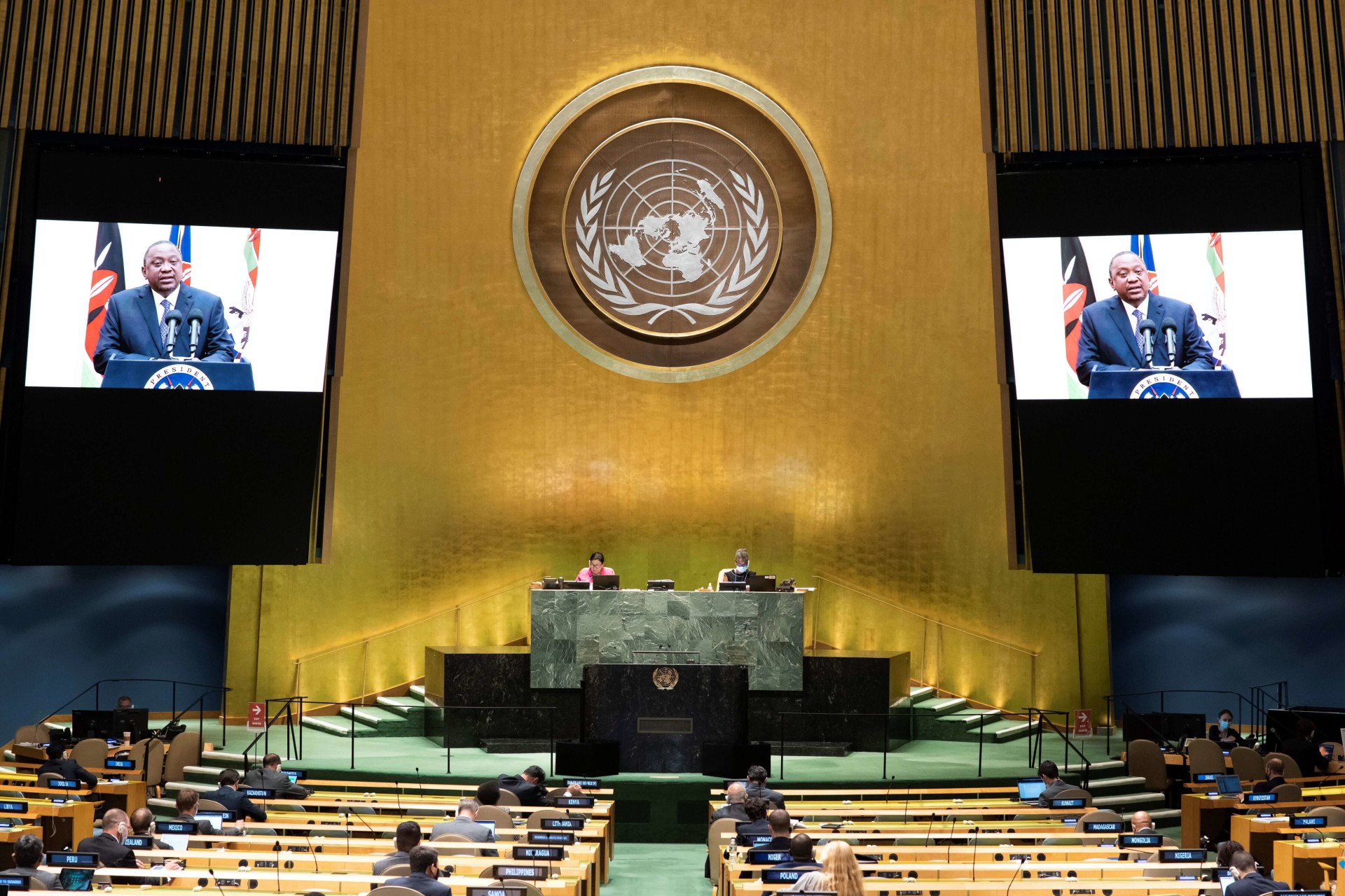 <p>Uhuru Kenyatta, President of Kenya, speaks virtually during the 75th annual UN General Assembly, which was held mostly virtually due to the COVID-19 pandemic, New York, United States, September 23, 2020.</p>
