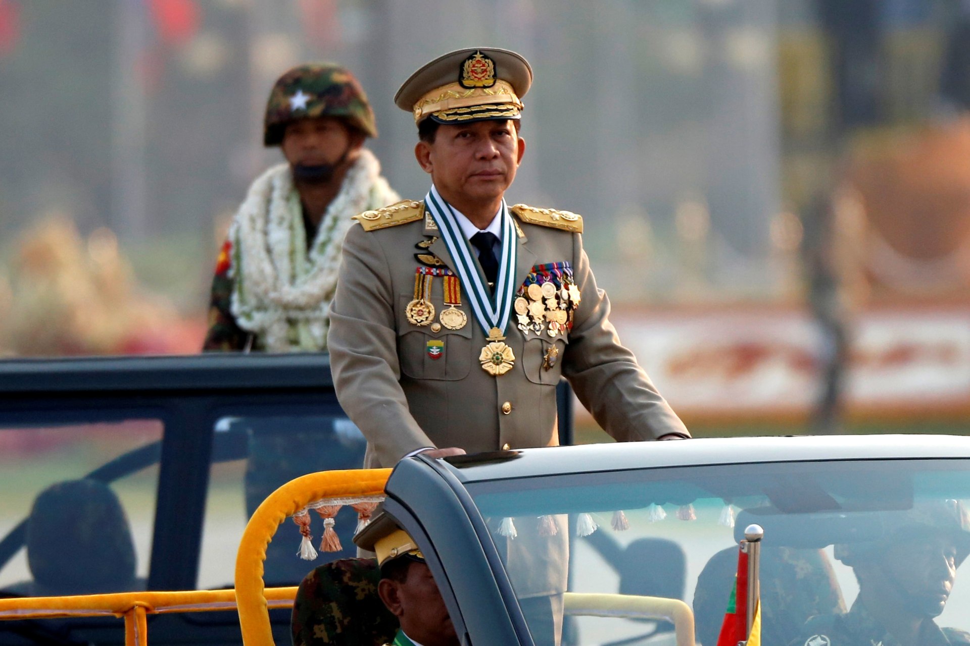<p>Myanmar’s General Min Aung Hlaing takes part during a parade to mark the 72nd Armed Forces Day in the capital Naypyitaw, Myanmar, on March 27, 2017.</p>
