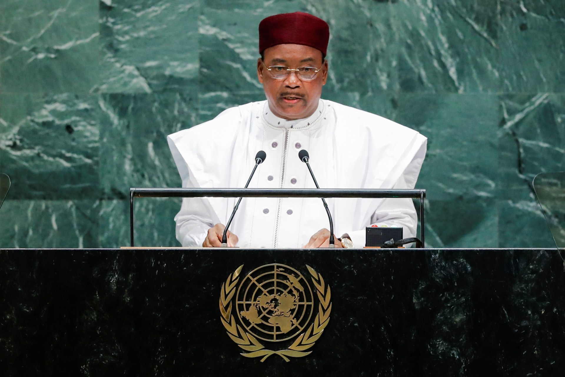 <p>Niger’s President Mahamadou Issoufou addresses the 74th session of the UN General Assembly at the UN headquarters in New York City, New York, United States on September 24, 2019.</p>