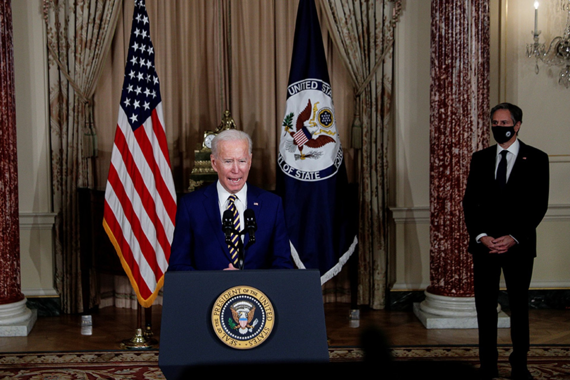 <p>President Joe Biden delivers a foreign policy address as Vice President Kamala Harris and Secretary of State Antony Blinken listen</p>
