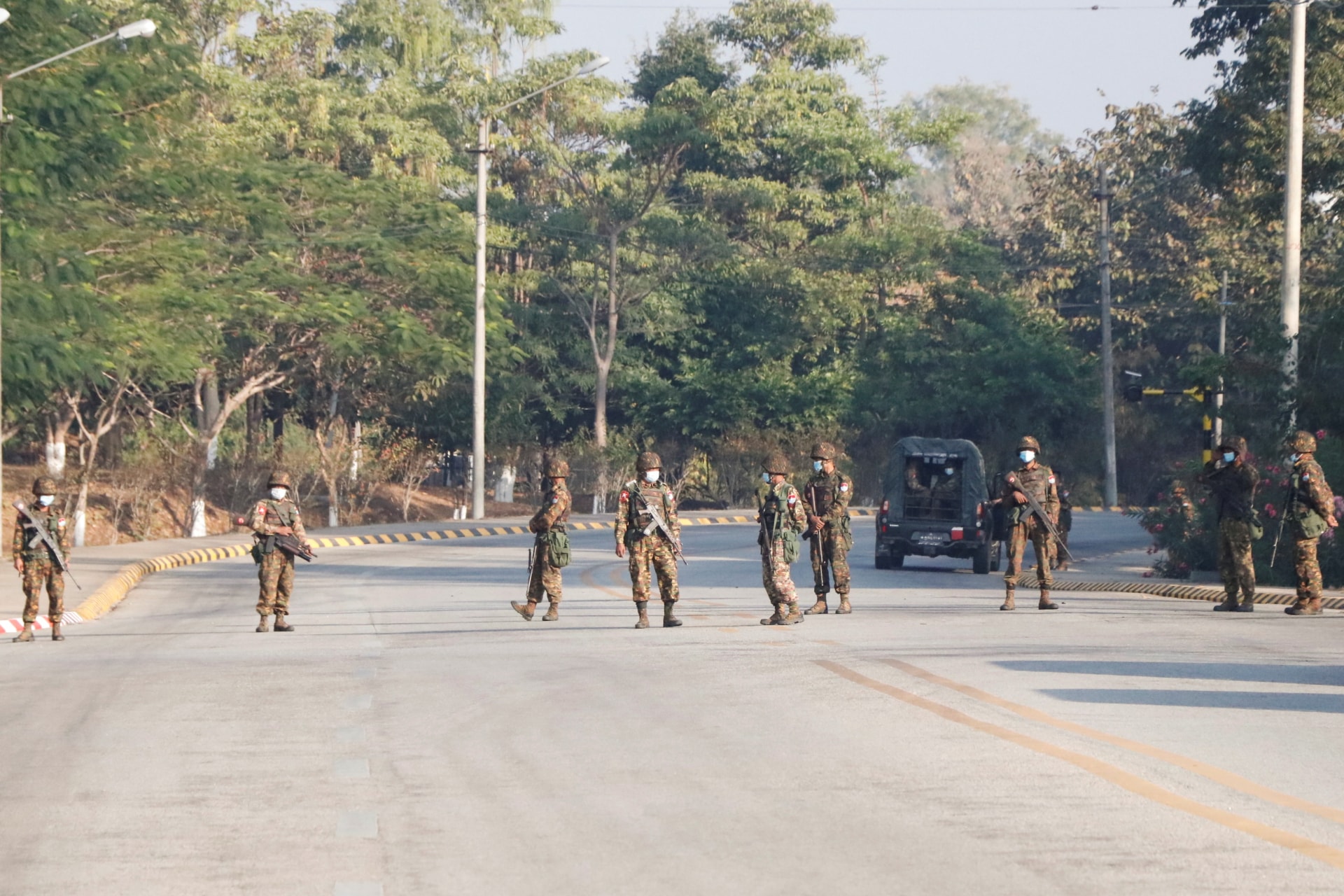 <p>Soldiers stand guard at a Myanmar’s military checkpoint on the way to the congress compound in Naypyitaw, Myanmar, on February 1, 2021.</p>
