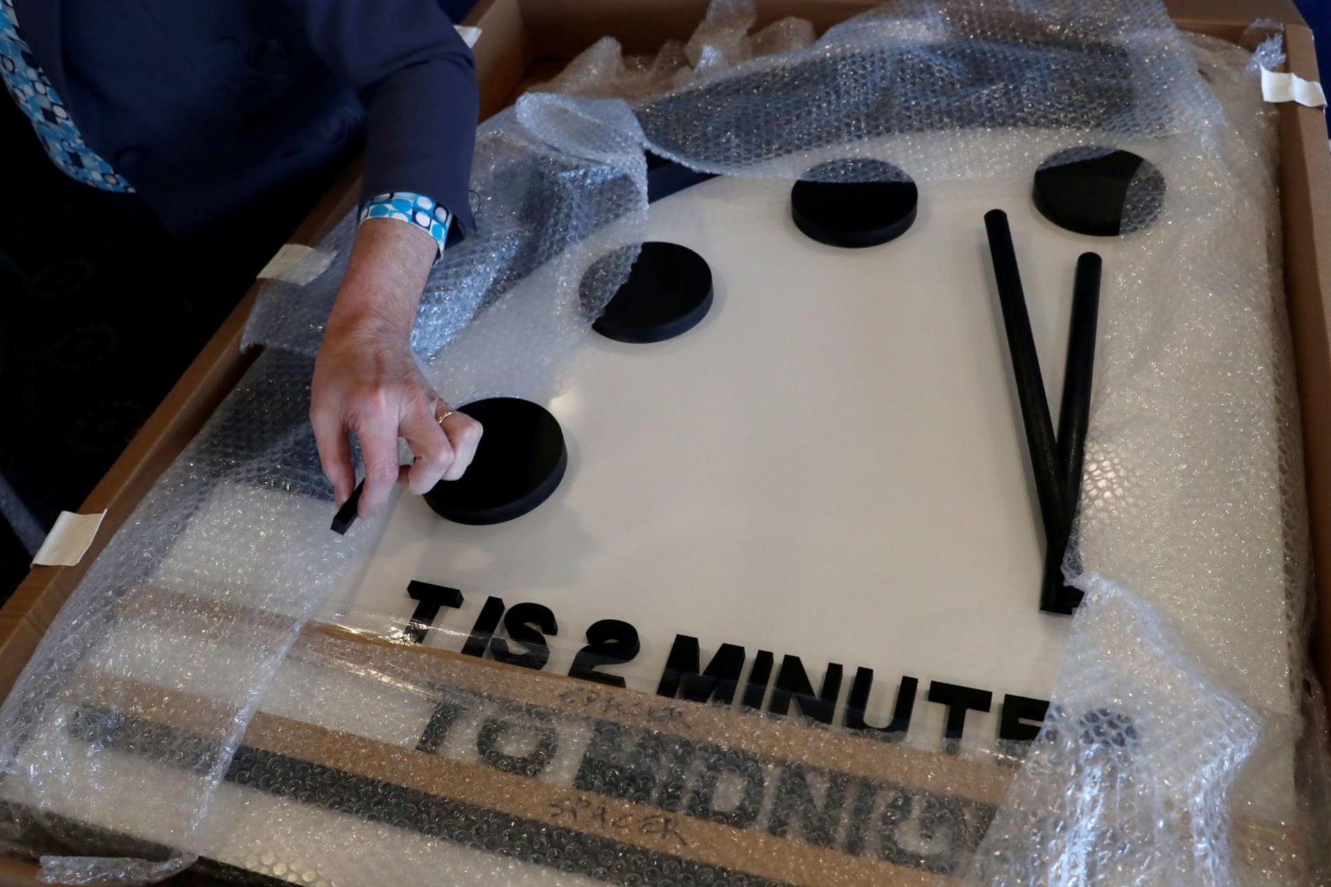 <p>The Bulletin of the Atomic Scientists’ “Doomsday Clock” in Washington, DC, on January 25, 2018. </p>