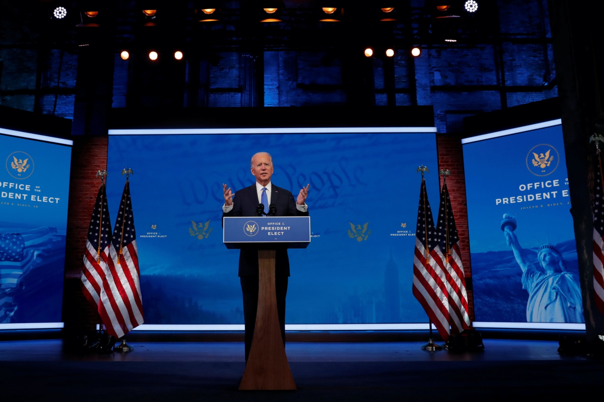 <p>President-Elect Joe Biden gives an address in Wilmington, Delaware, after the Electoral College confirmed his victory on December 14, 2020. </p>