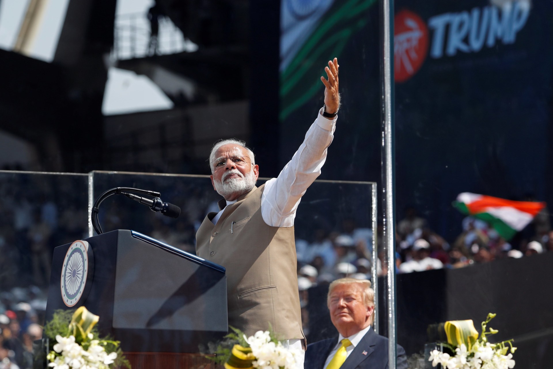 <p>U.S. President Donald Trump observes as Indian Prime Minister Narendra Modi speaks during the “Namaste Trump” event at Sardar Patel Gujarat Stadium, in Ahmedabad, India, on February 24, 2020.</p>