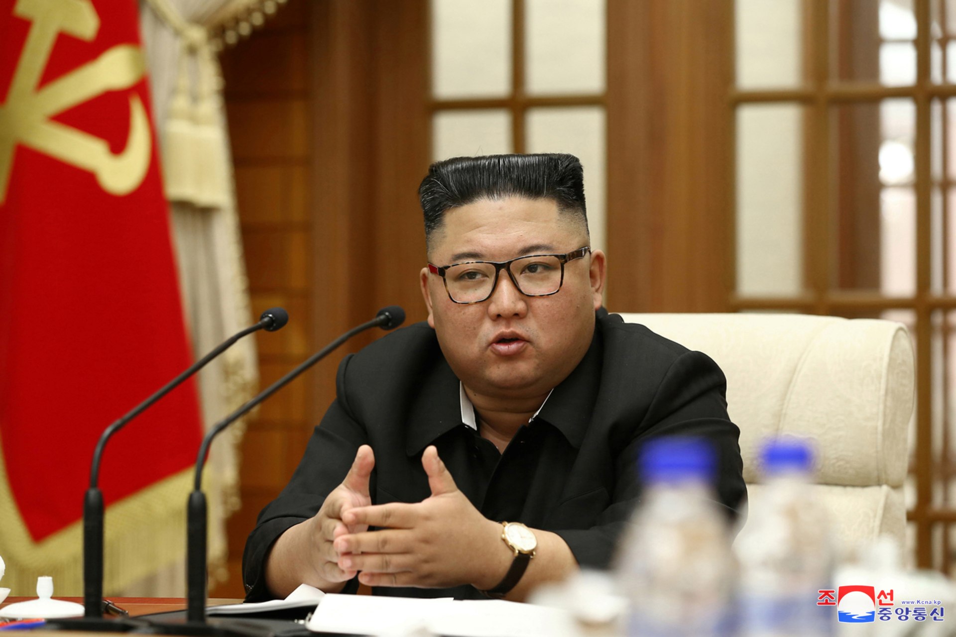 <p>North Korea’s leader Kim Jong-un speaks during the 18th Meeting of the Political Bureau of the 7th Central Committee of the Workers’ Party of Korea (WPK), in this image released by North Korea’s Korean Central News Agency (KCNA) on September 30, 2020. </p>