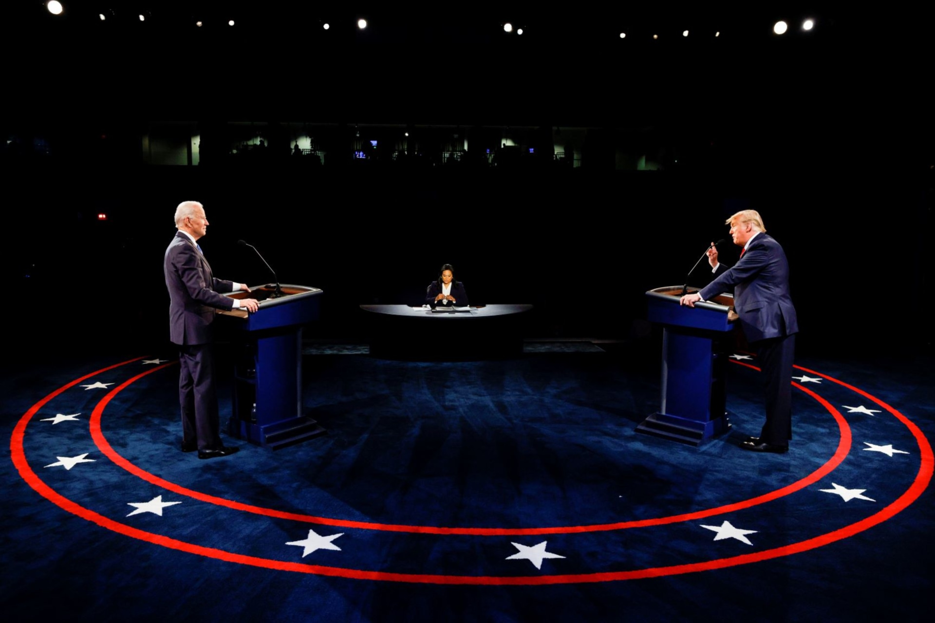 <p>U.S. President Donald J. Trump speaks during the third and final presidential debate with Democratic presidential nominee Joe Biden at Belmont University in Nashville, Tennessee on October 22, 2020. </p>

