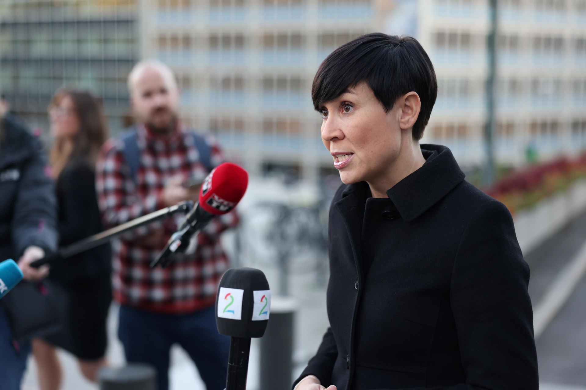 <p>Norway’s Foreign Minister Ine Marie Eriksen Soreide talks to the media outside the Ministry of Foreign Affairs.</p>