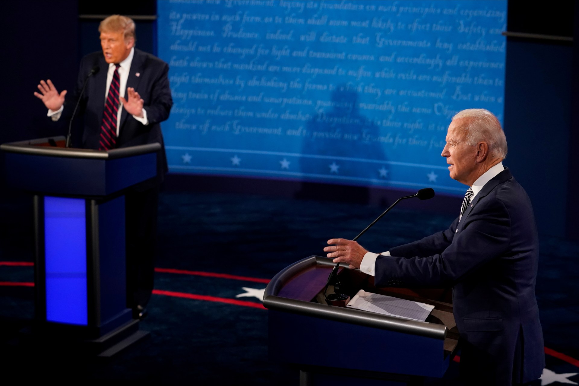 <p>U.S. President Donald Trump and Democratic presidential nominee Joe Biden participate in their first 2020 presidential campaign debate held on the campus of the Cleveland Clinic at Case Western Reserve University in Cleveland, Ohio, U.S., on September 29.</p>