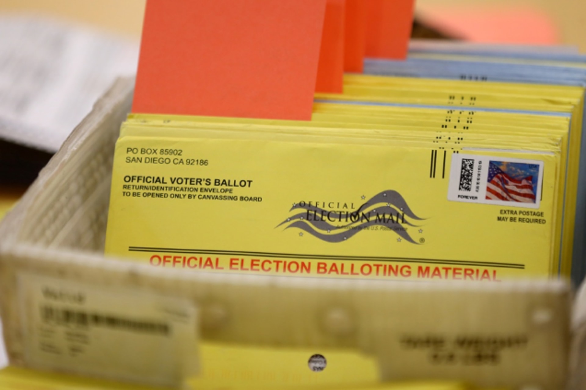 <p>Mail-in ballots await verification at the San Diego County Elections Office during the 2016 election. </p>