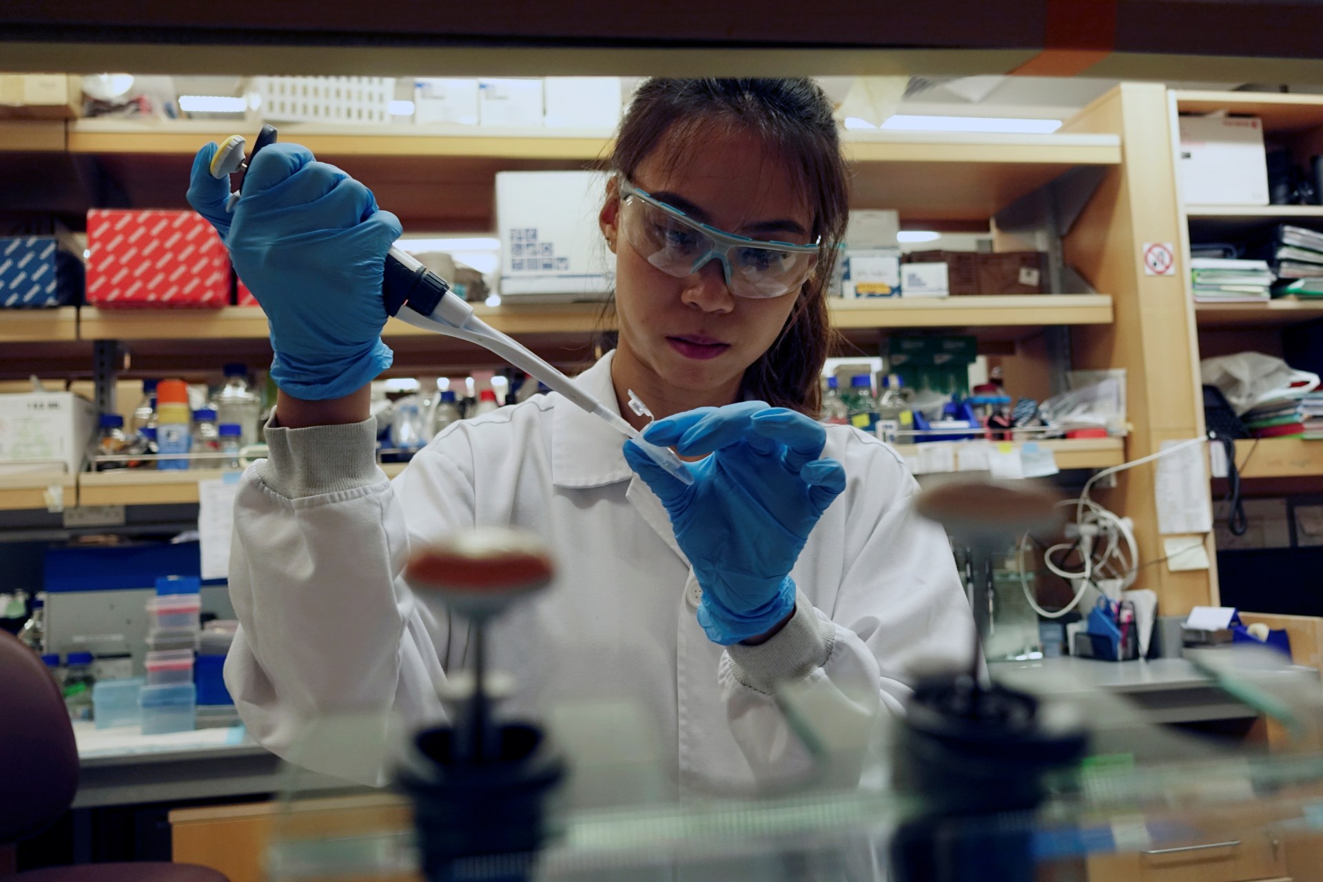 <p>A researcher works in a lab at the Duke-NUS Medical School.</p>