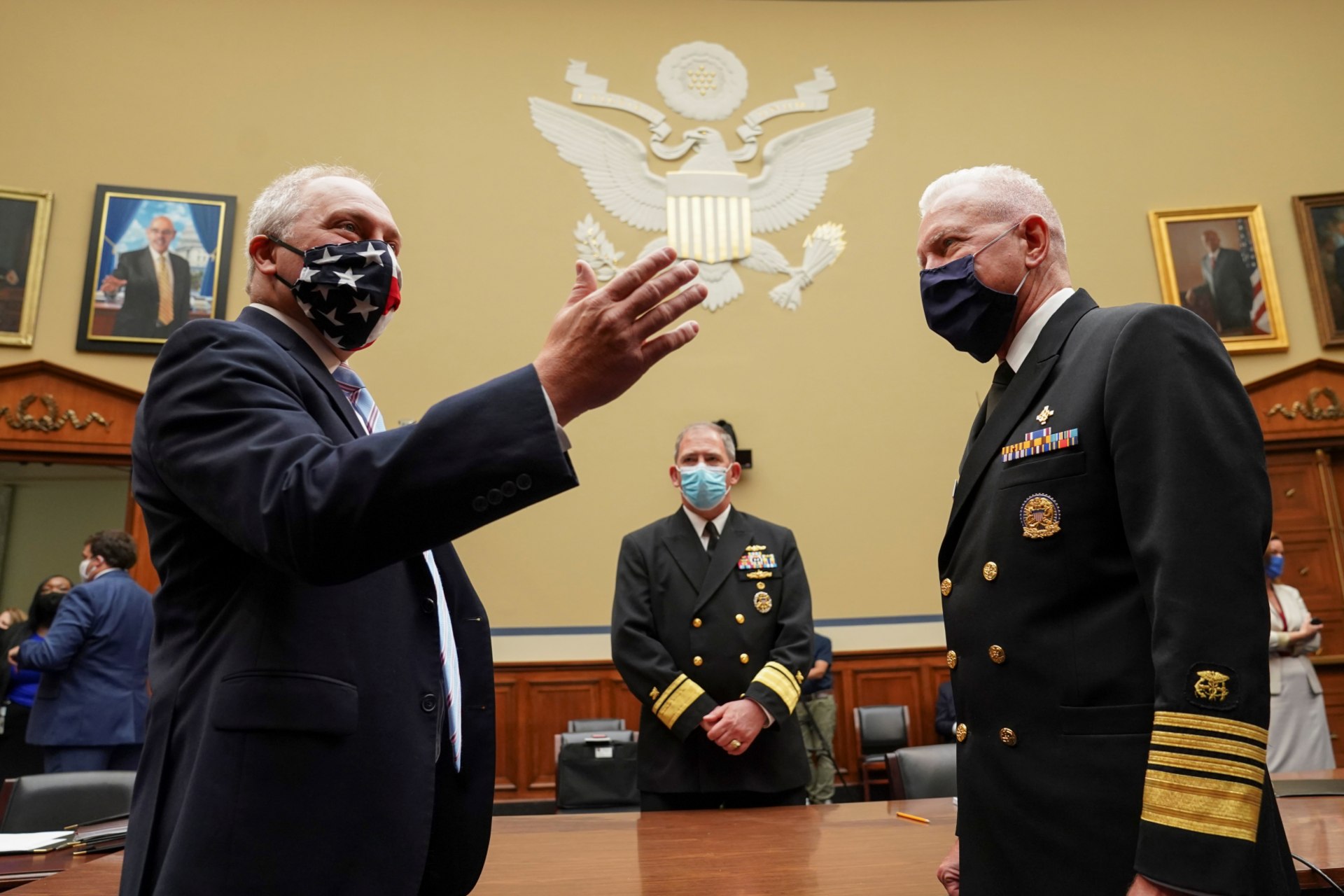 <p>U.S. House of Representatives Minority Whip Steve Scalise (R-LA) talks with Pentagon Supply Chain Stabilization Task Force Vice Director of Logistics Rear Admiral John Polowczyk.</p>
