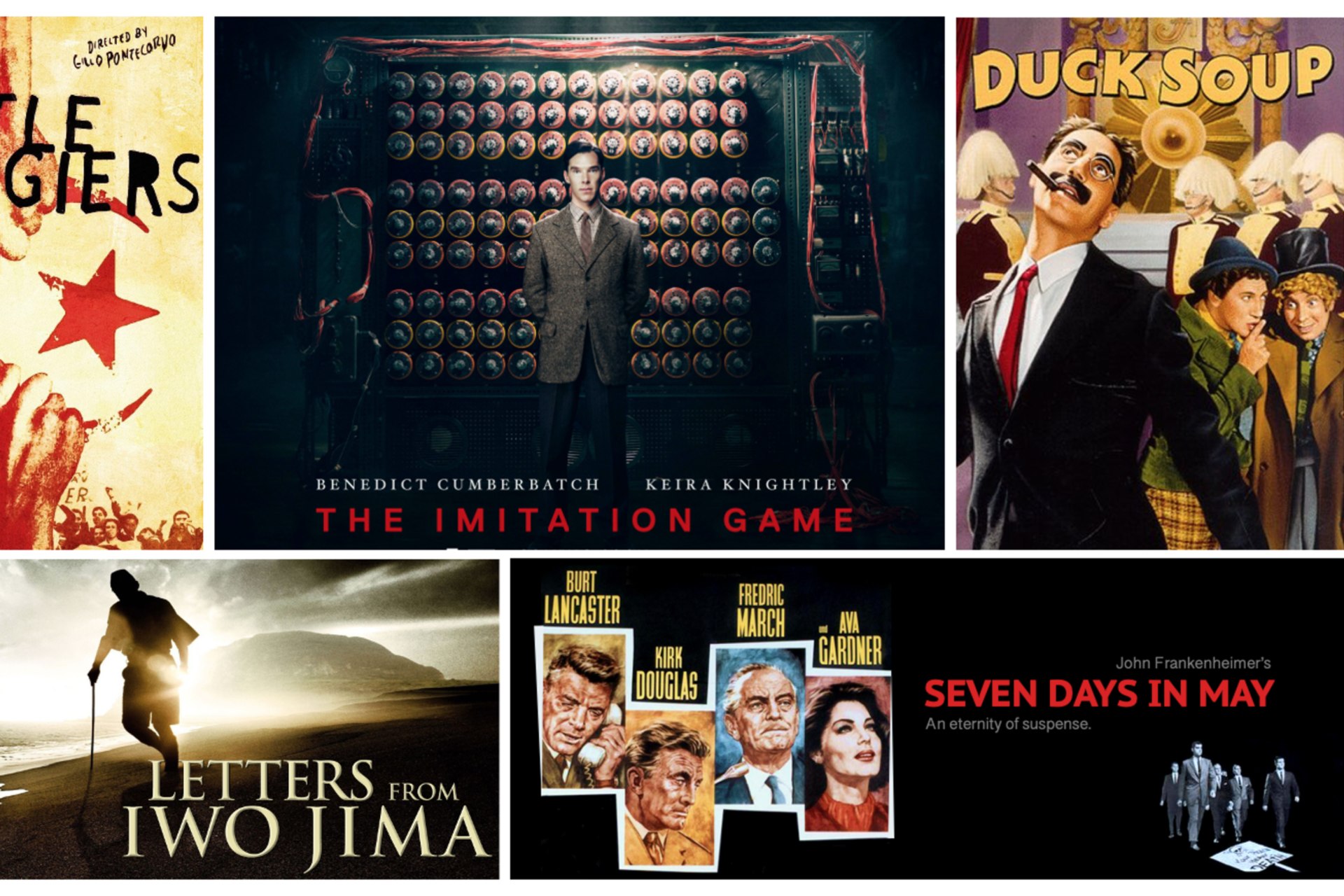 <p>Images clockwise from the top left: The Battle of Algiers/IMDB; The Imitation Game/Amazon; Duck Soup/Google Play; Seven Days in May/Golden Globes; Letters from Iwo Jima/Amazon.</p>

