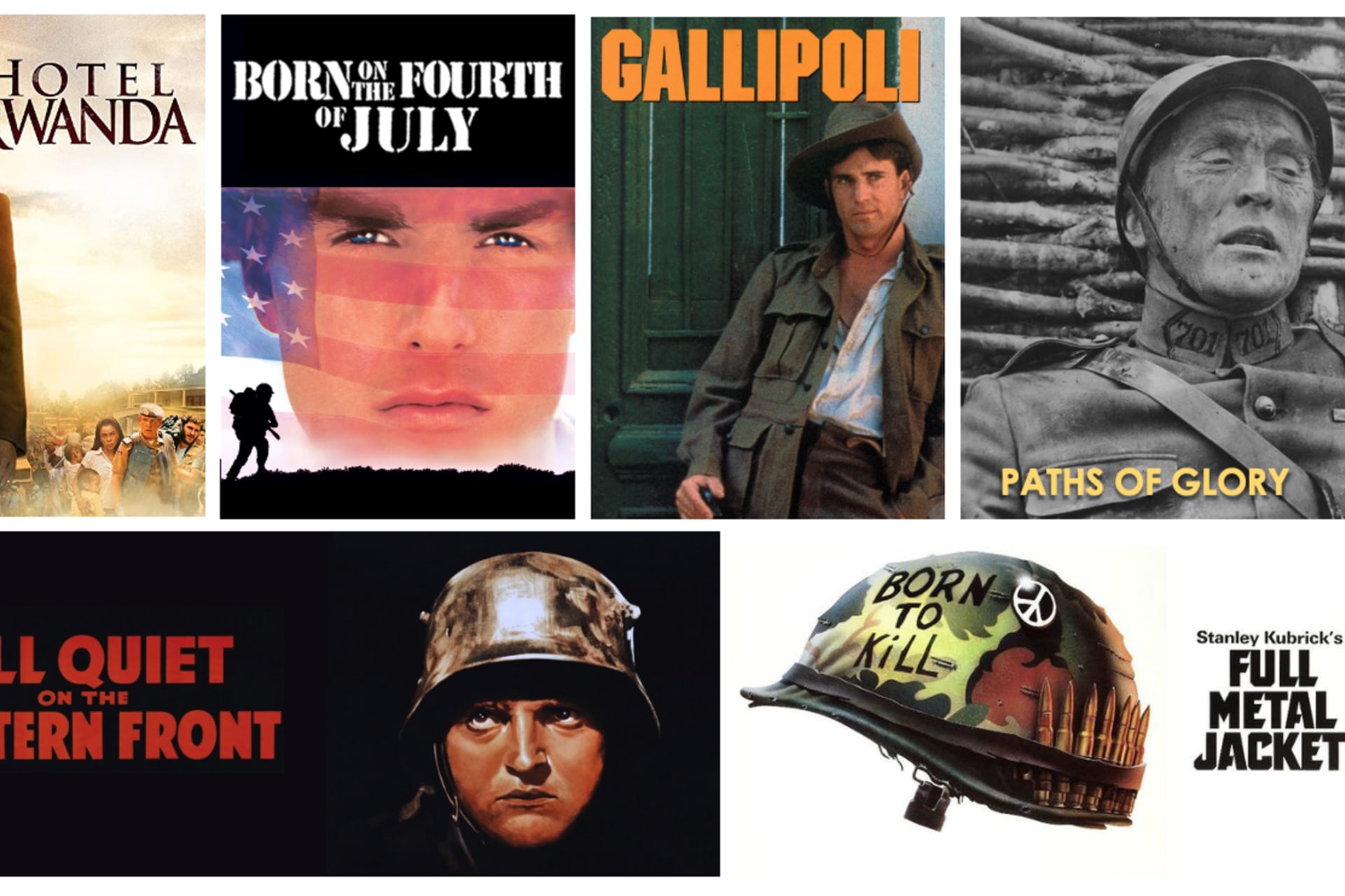 <p>Images clockwise from the top left: Hotel Rwanda/Amazon; Born on the Fourth of July/TV Guide; Gallipoli/IMDB; Paths of Glory/Amazon; Full Metal Jacket/TV Guide; All Quiet on the Western Front/IMDB</p>
