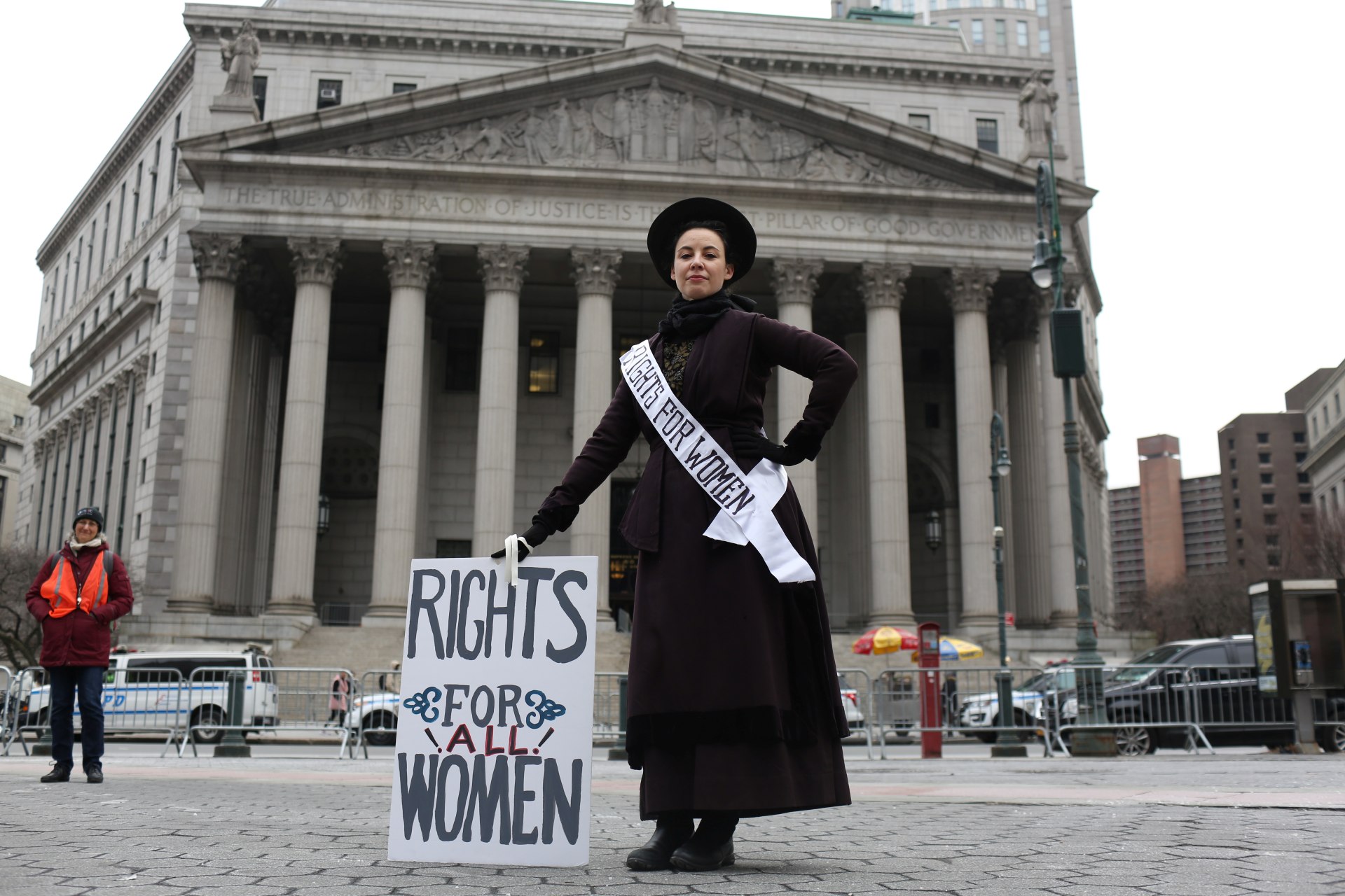 <p>A woman poses for a portrait in front of the New York Supreme Court in Manhattan, New York, United States. January 19, 2019. </p>

