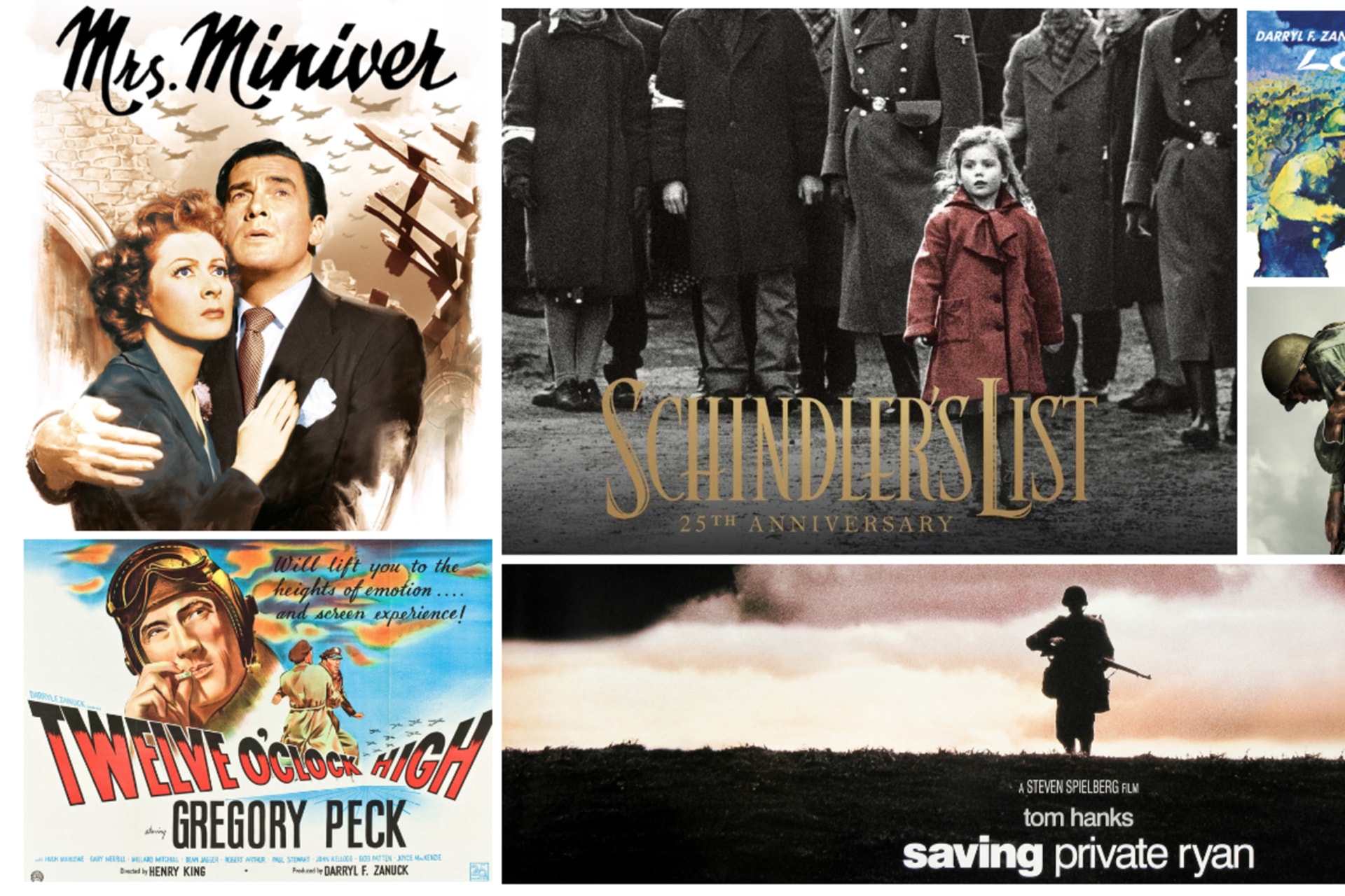 <p>Images clockwise from the top left: Mrs. Miniver/TMDB; Schindler’s List/Amazon; The Longest Day/Amazon; Hacksaw Ridge/IMDB; Saving Private Ryan/Fathom Events; Twelve O’Clock High/Heritage Auctions. </p>