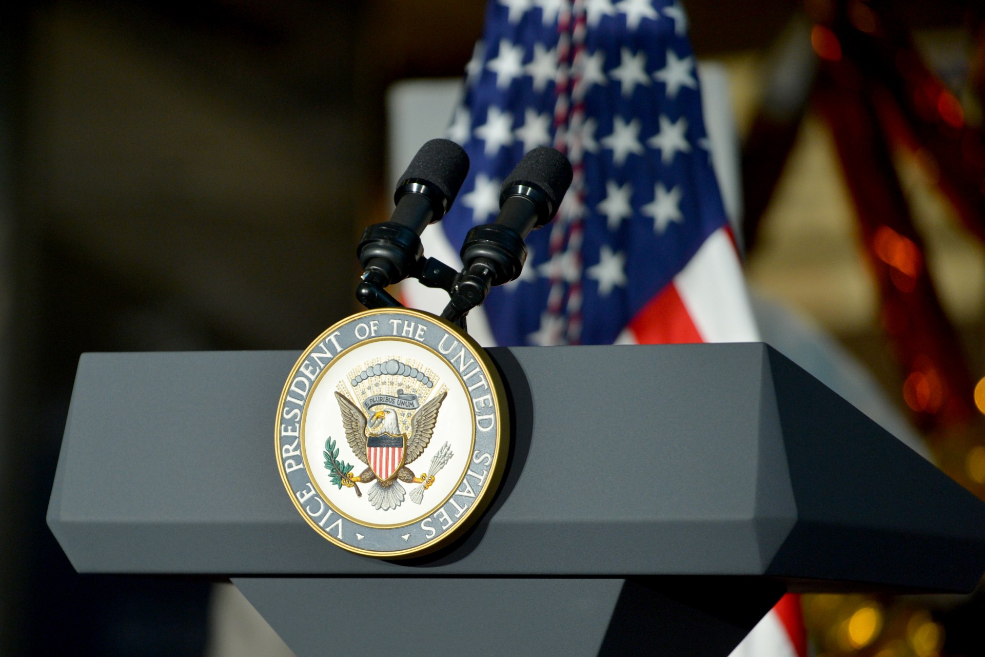<p>The seal of the vice president of the United States on a podium. Shannon Finney/Getty Images</p>