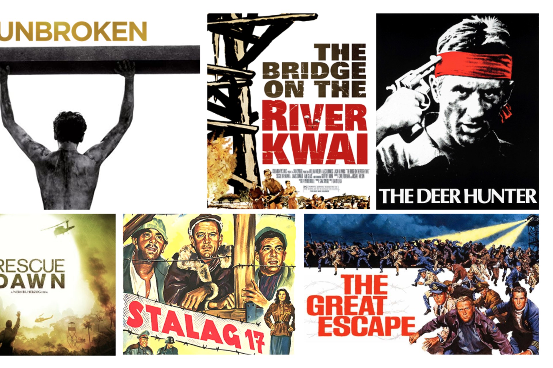 <p>Images clockwise from the top left: Unbroken/Amazon; The Bridge on the River Kwai/Golden Globes; The Deer Hunter/IMDB; The Great Escape/ABC; Stalag 17/History Net; Rescue Dawn/IMP Awards.</p>