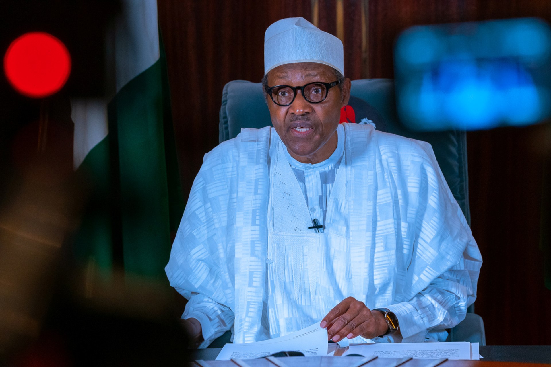<p>Nigerian President Muhammadu Buhari addresses the nation over the coronavirus disease (COVID-19), in Abuja, Nigeria, on April 27, 2020.</p>
