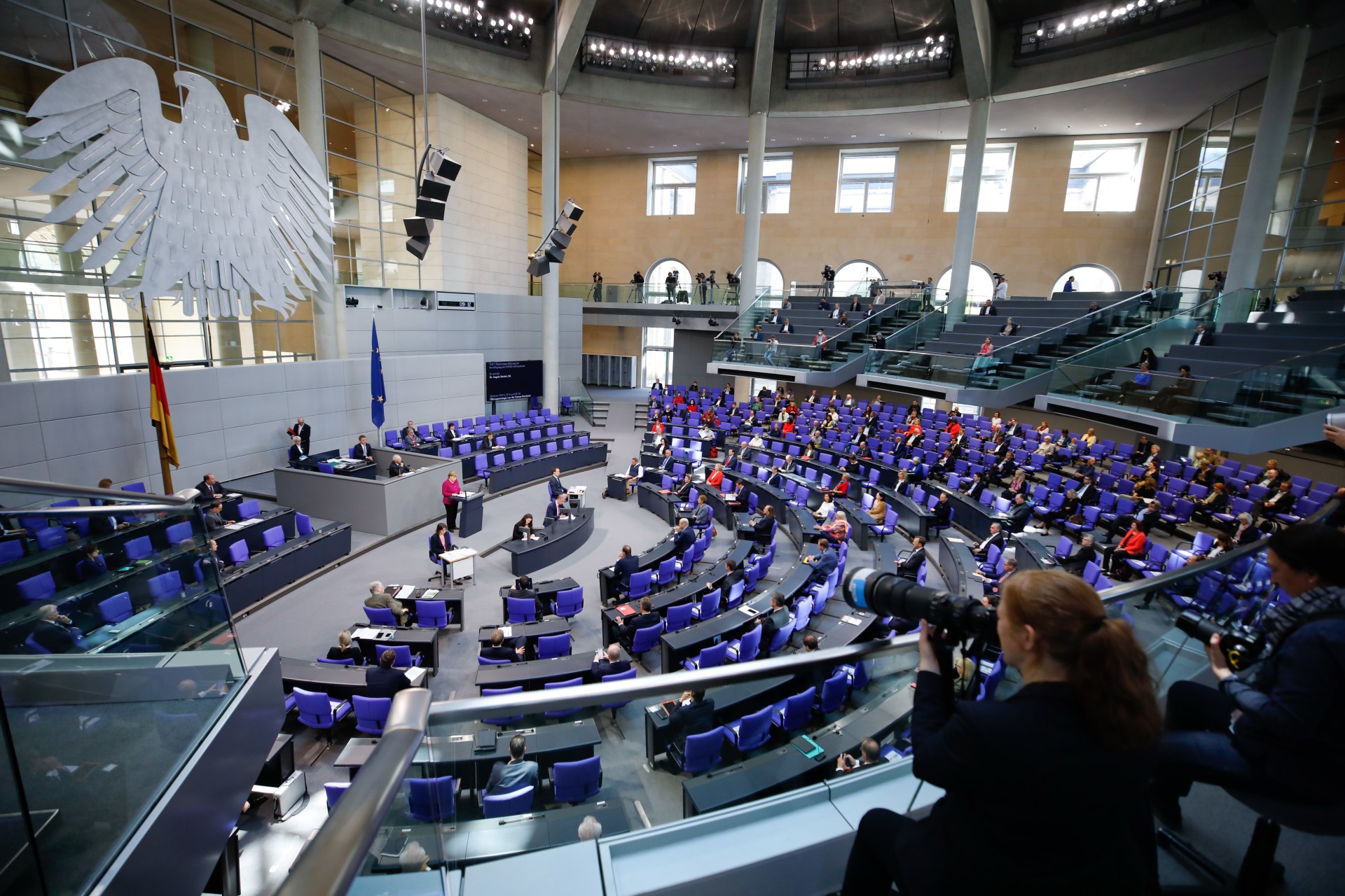 <p>German Chancellor Angela Merkel gives a speech at the lower house of parliament, Bundestag.</p>
