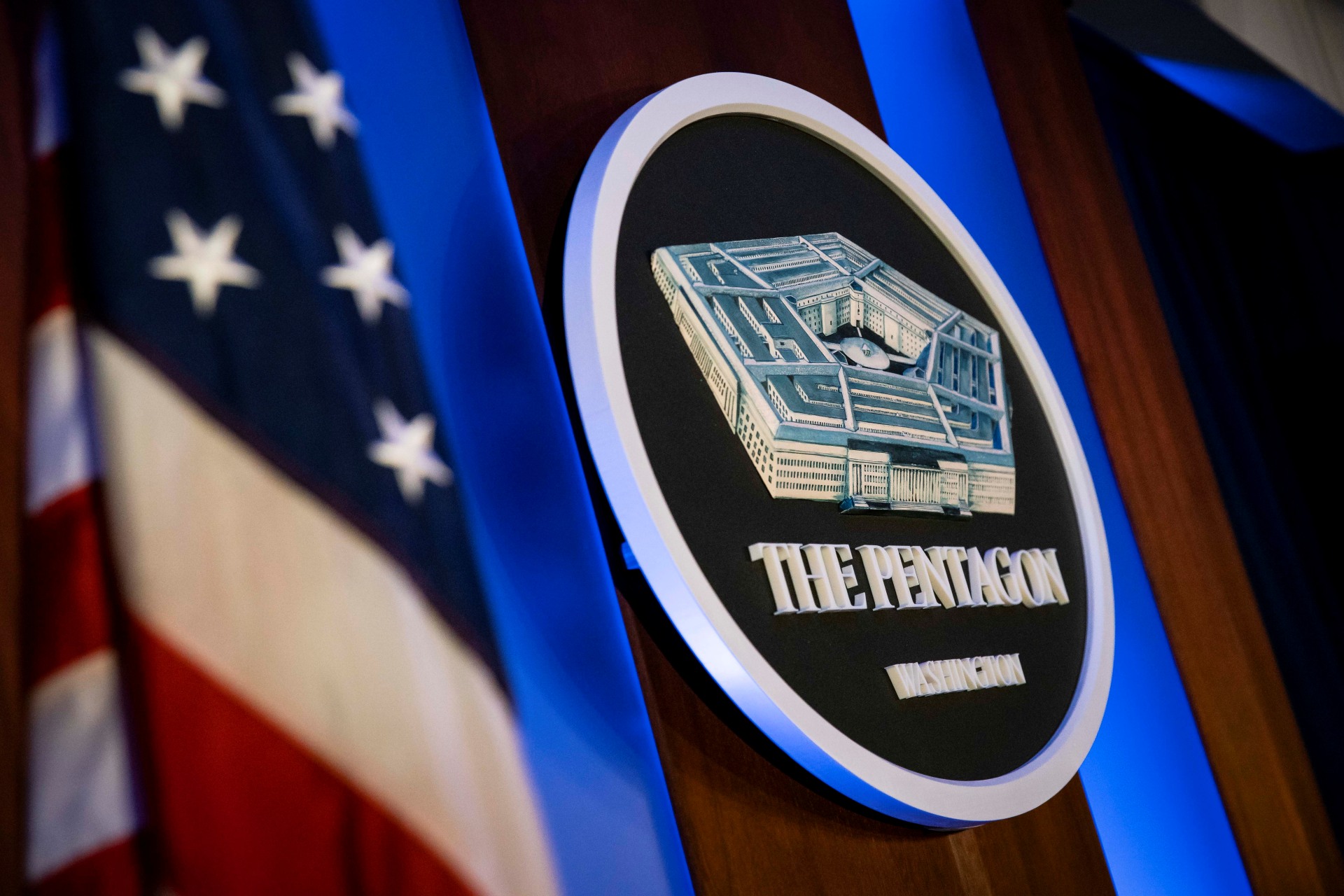 <p>The Pentagon logo is seen behind the podium in the briefing room at the Pentagon in Arlington, Virginia, U.S., January 8, 2020.</p>
