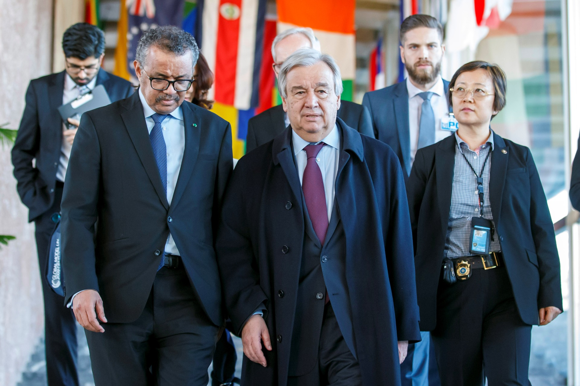 <p>World Health Organization (WHO) Director General Tedros Adhanom Ghebreyesus and UN Secretary General Antonio Guterres arrive for an update on COVID-19 at WHO headquarters in Geneva, Switzerland, on February 24, 2020. </p>
