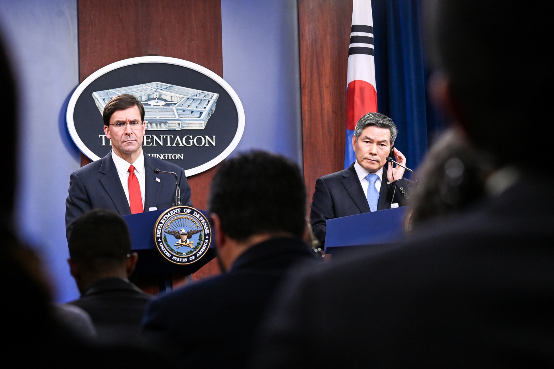 <p>U.S. Defense Secretary Mark Esper and South Korea’s National Defense Minister Jeong Kyeong-doo participate in a news conference at the Pentagon in Washington, DC, on February 24, 2020.</p>