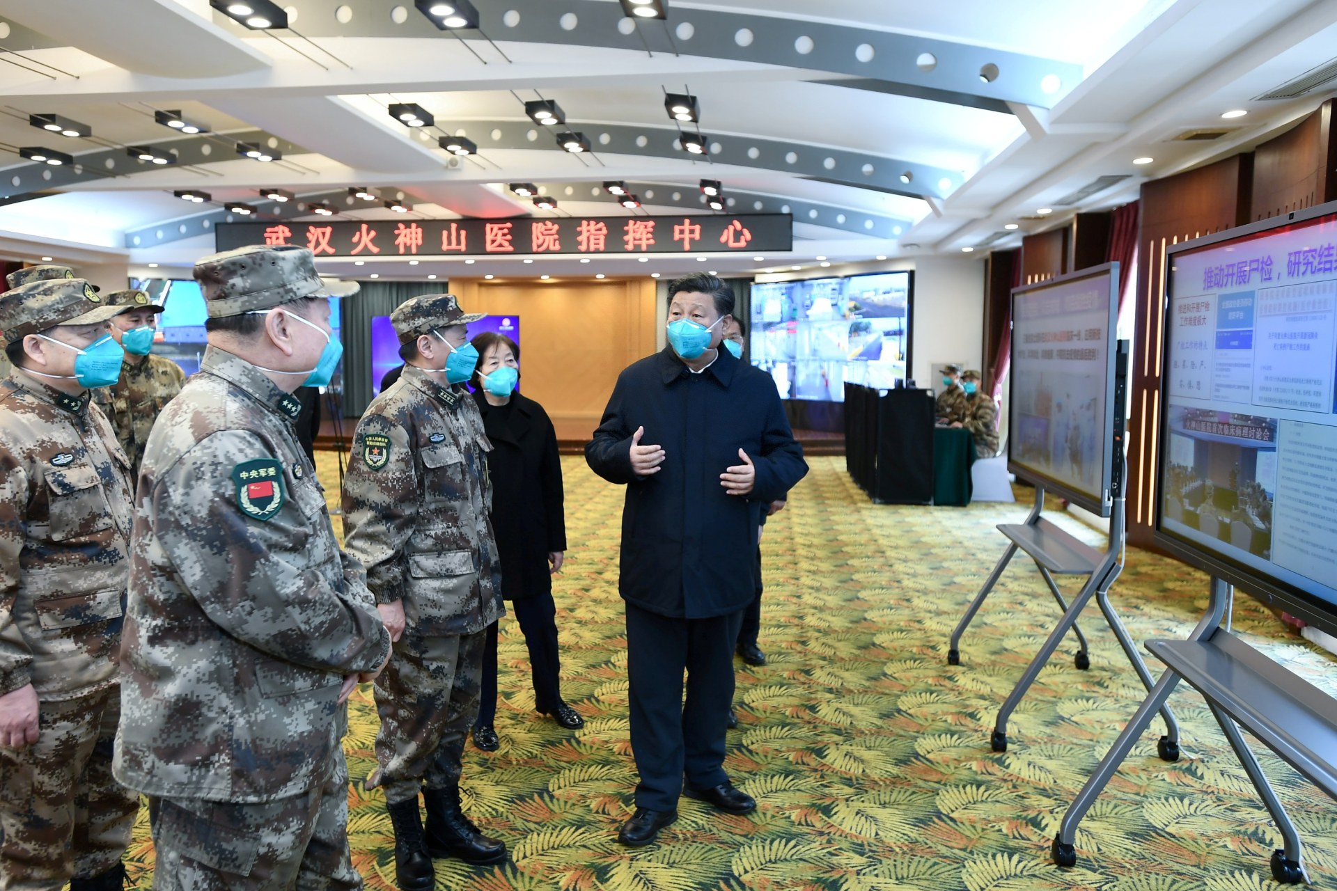 <p>Chinese President Xi Jinping learns about the hospital’s operations, treatment of patients, protection for medical workers and scientific research at the Huoshenshan Hospital in Wuhan, the epicenter of the novel coronavirus outbreak, Hubei province, China</p>
