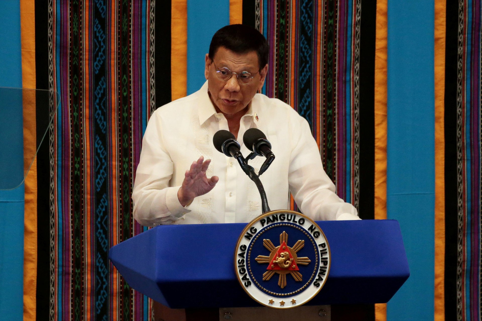 <p>Philippine President Rodrigo Duterte gestures during his fourth State of the Nation Address at the Philippine Congress in Quezon City, Metro Manila, Philippines on July 22, 2019.</p>
