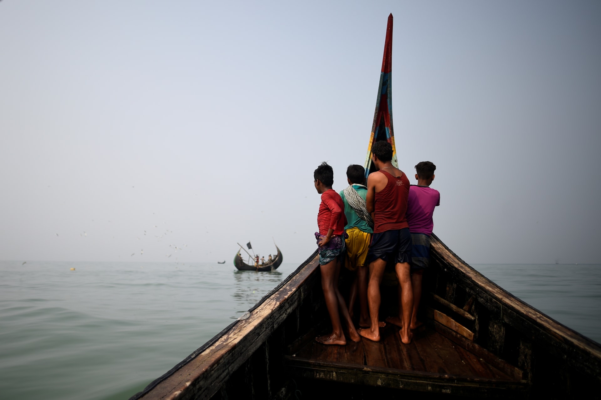 <p>Rohingya refugees on fishing boat in the Bay of Bengal near Cox’s Bazar, Bangladesh. March 24, 2018.</p>
