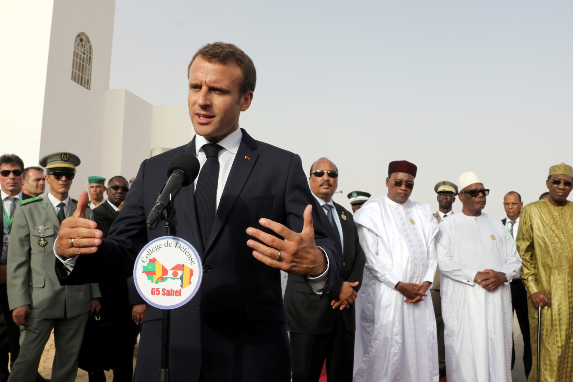 <p>French President Emmanuel Macron delivers a speech during a press conference ahead of a G5 Sahel force meeting, with the heads of state for G5 Sahel countries, in Nouakchott, Mauritania, July 2, 2018.</p>