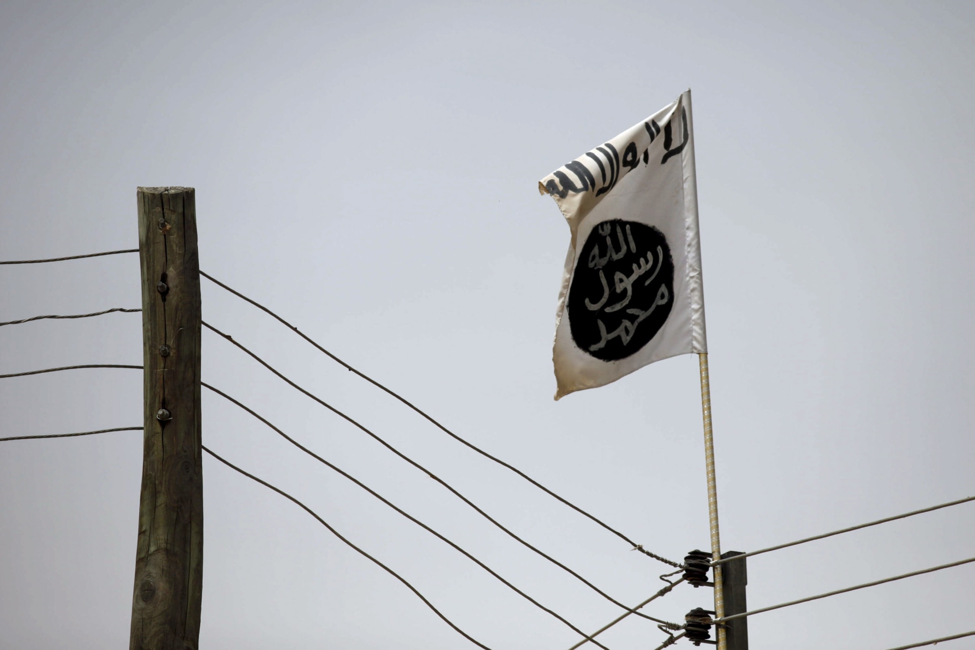 <p>A Boko Haram flag flies on transmission lines in Damasak, Borno, Nigeria, on March 24, 2015.</p>