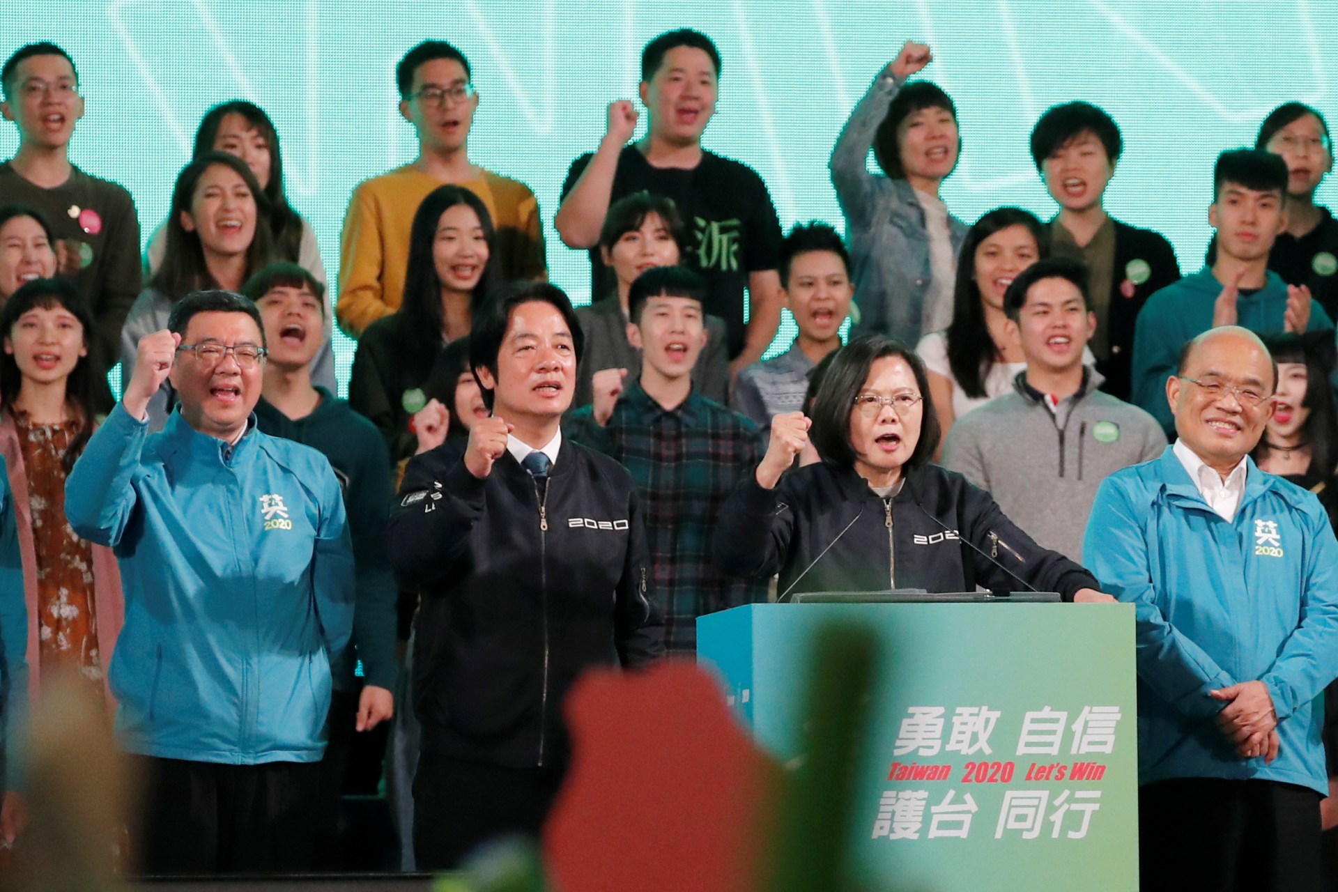 <p>Taiwan President Tsai Ing-wen and the Democratic Progressive Party’s (DPP) vice presidential candidate William Lai attend the final campaign rally ahead of the elections in Taipei, Taiwan on January 10, 2020.</p>
