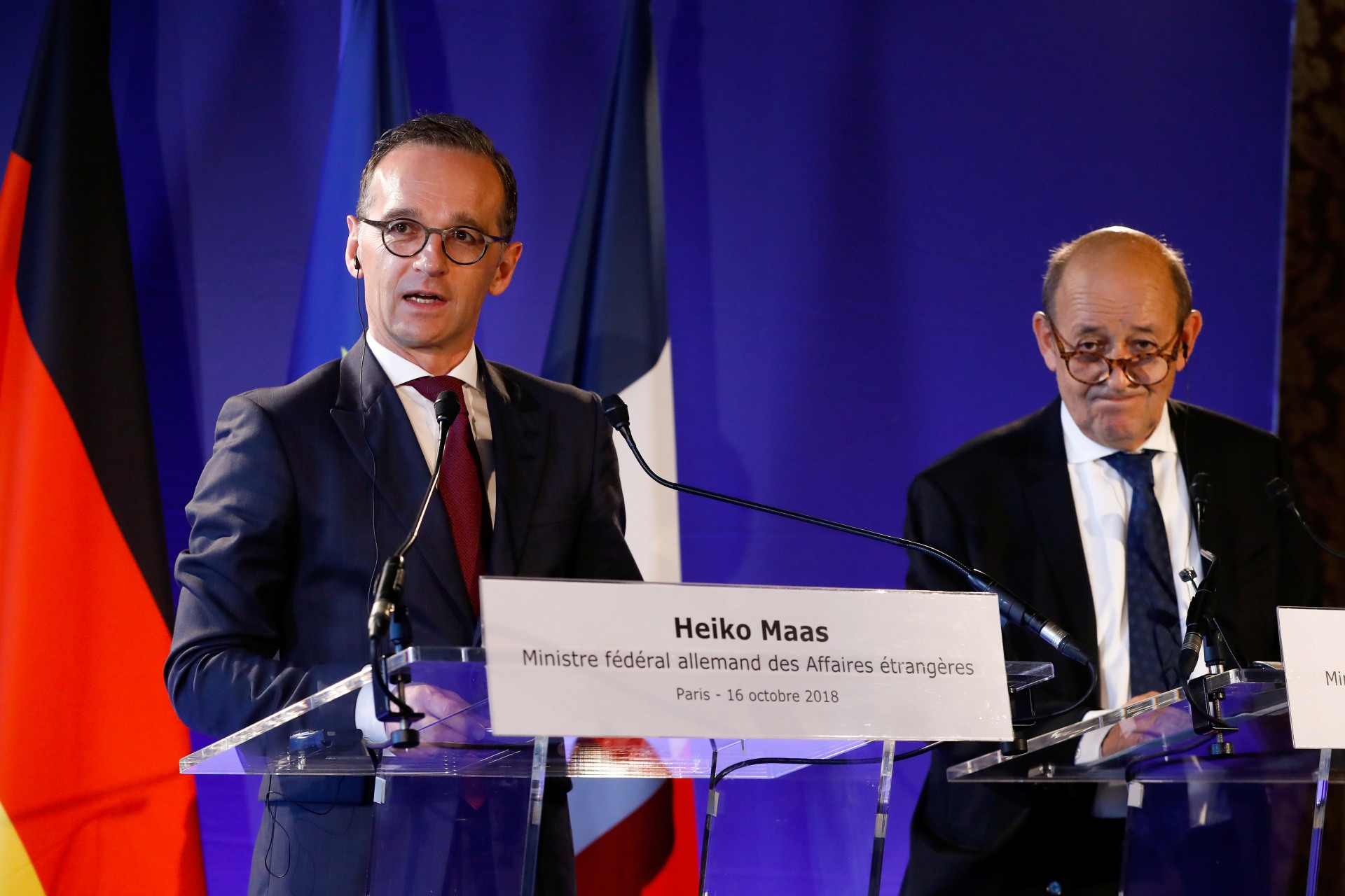 <p>German Foreign Affairs Minister Heiko Maas delivers a speech next to his French counterpart Jean-Yves Le Drian in Paris, France, on October 16, 2018. </p>