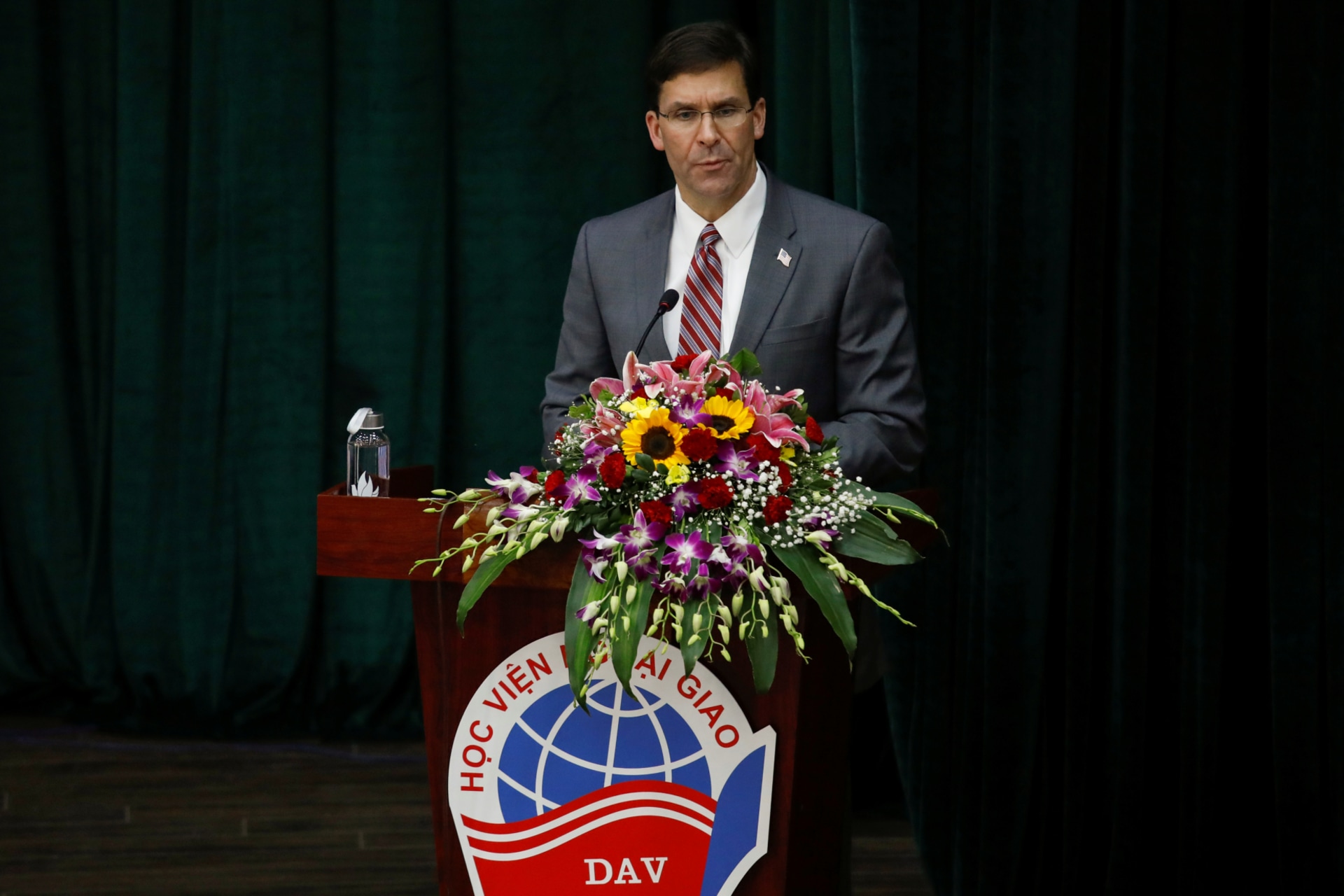 <p>U.S. Defense Secretary Mark Esper speaks at the Diplomatic Academy of Vietnam in Hanoi, Vietnam on November 20, 2019.</p>
