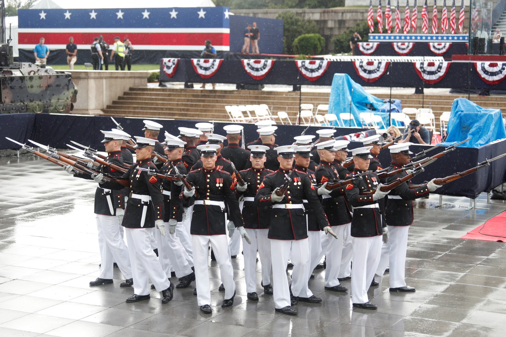 <p>The U.S. Marine Corps Silent Drill Platoon participates in Independence Day celebrations in Washington, DC. Tom Brenner/REUTERS</p>