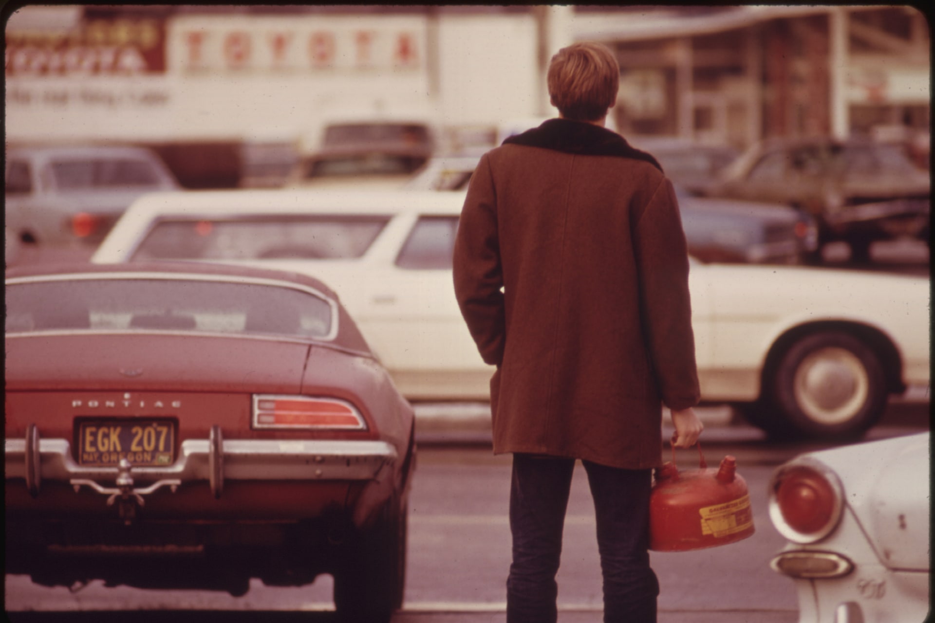 <p>Some Motorists Ran Out of Gas Such as This Man in Portland and Had to Stand in Line with a Gas Can During the Fuel Crisis in the Pacific Northwest. </p>