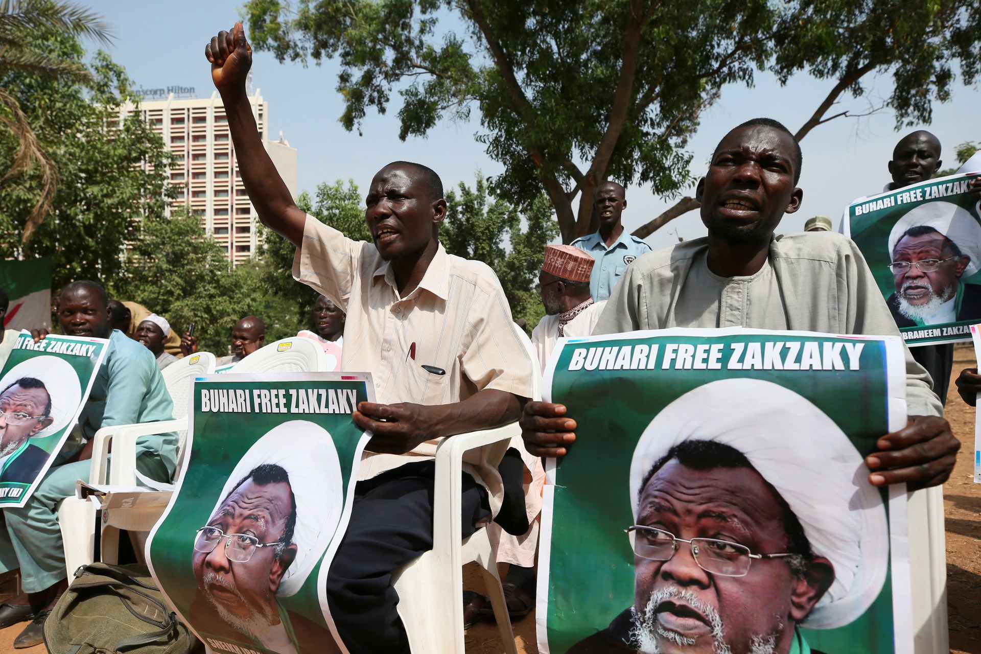 <p>Protesters hold banners calling for the release of Sheikh Ibrahim Zakzaky, the leader of the Islamic Movement of Nigeria (IMN), in Abuja, Nigeria, on January 26, 2018.</p>