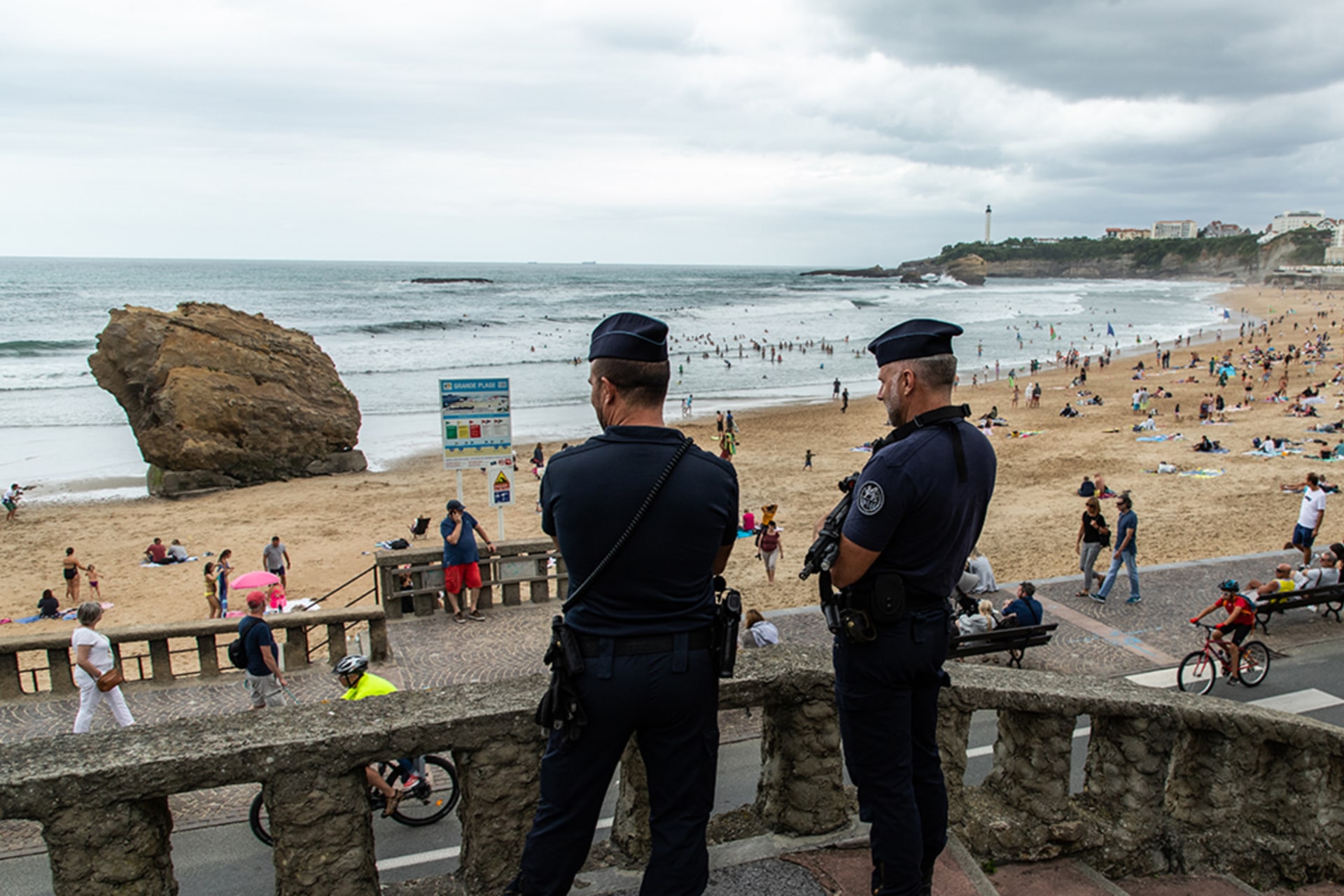 <p>Police officers patrol the beach in Biarritz, France, ahead of the G7 summit.</p>
