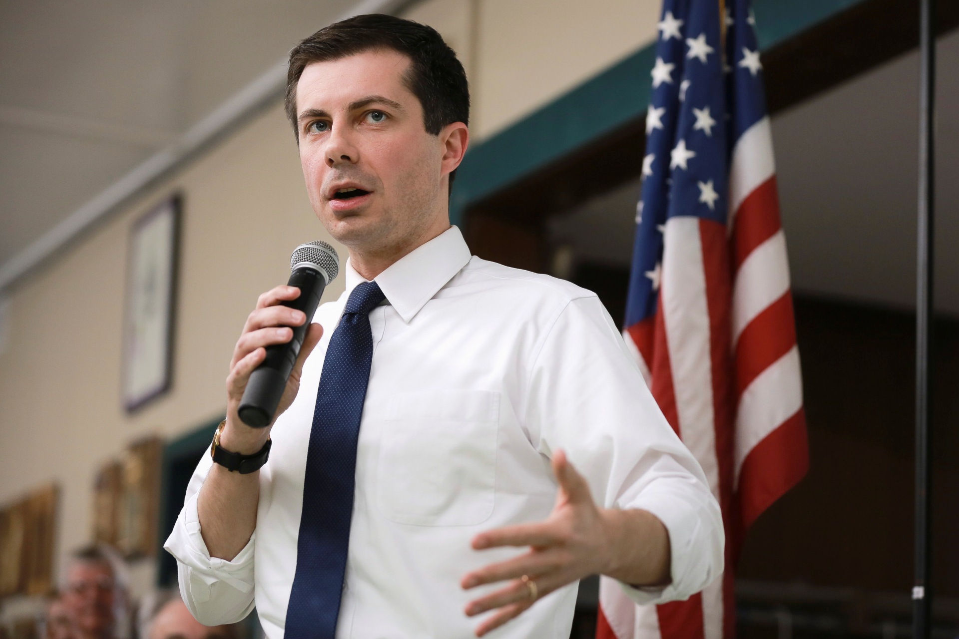 <p>Pete Buttigieg speaks during a town hall meeting in Fort Dodge, Iowa. Elijah Nouvelage/REUTERS</p>