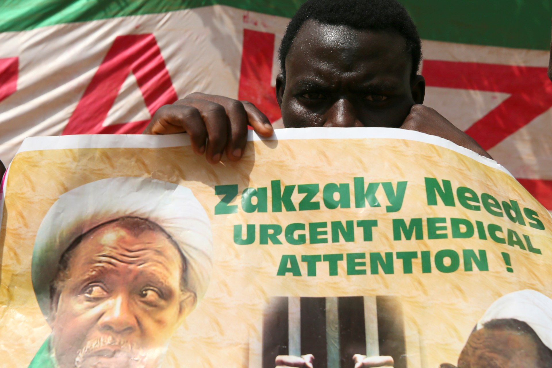 <p>A protester holds a banner calling for the release of Sheikh Ibrahim Zakzaky, the leader of the Islamic Movement of Nigeria (IMN), in Abuja, Nigeria, on January 26, 2018. </p>
