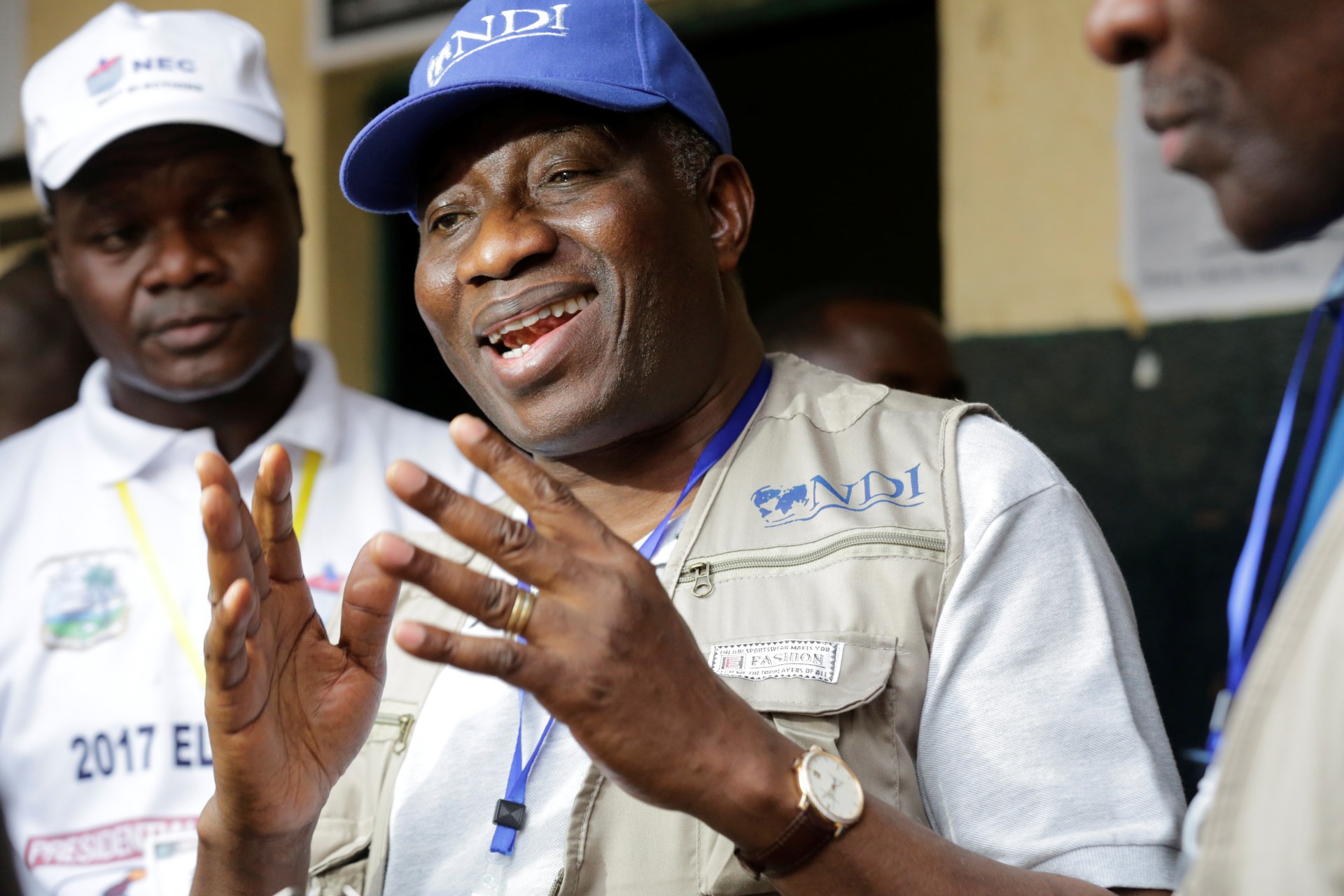 <p>Former Nigerian President Goodluck Jonathan speaks to the media as part of the National Democratic Institute’s election monitoring delegation in Liberia on December 26, 2017.</p>