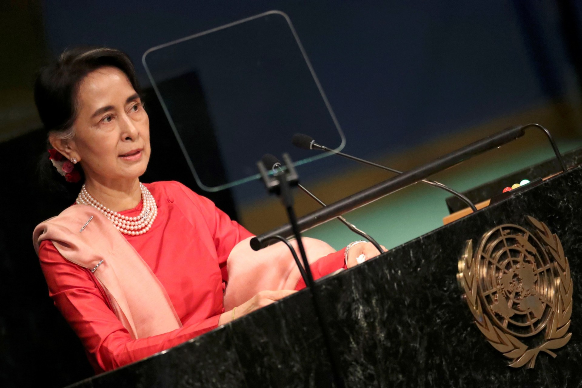 <p>Myanmar’s Minister of Foreign Affairs Aung San Suu Kyi addresses the 71st United Nations General Assembly in Manhattan, New York, on September 21, 2016.</p>