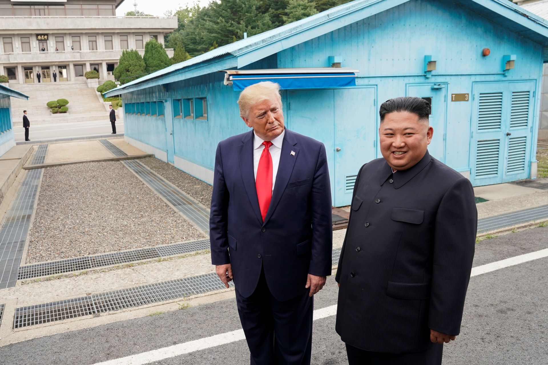 <p>U.S. President Donald Trump meets with North Korean leader Kim Jong-un at the demilitarized zone separating the two Koreas, in Panmunjom, South Korea, on June 30, 2019.</p>
