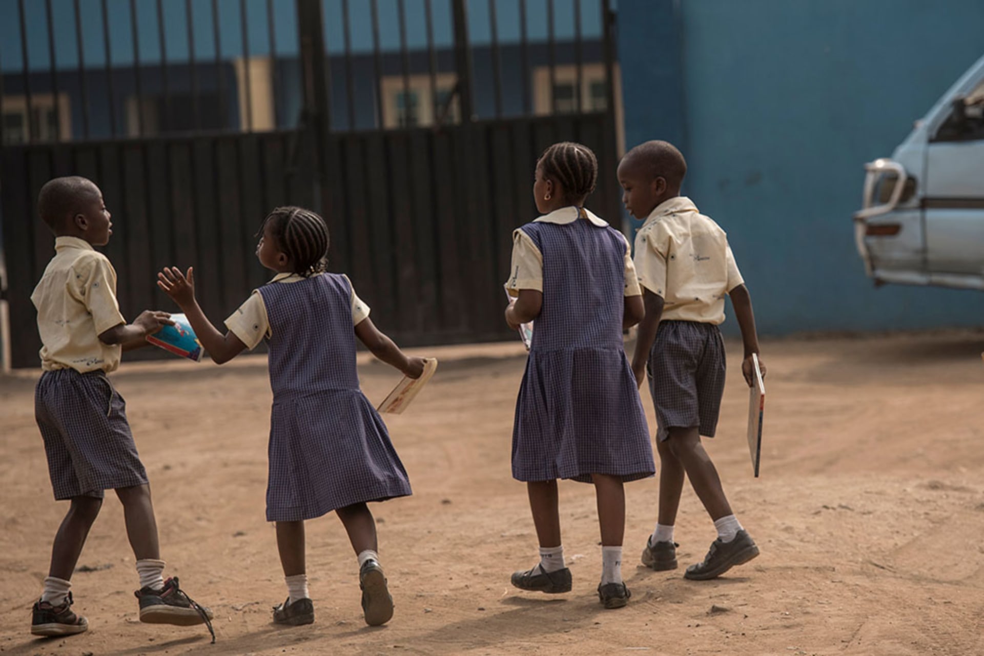 <p>Learners from the Bethel Nursery and Primary school leave with books they are borrowing from the in the I-Read mobile library on January 30, 2018. </p>