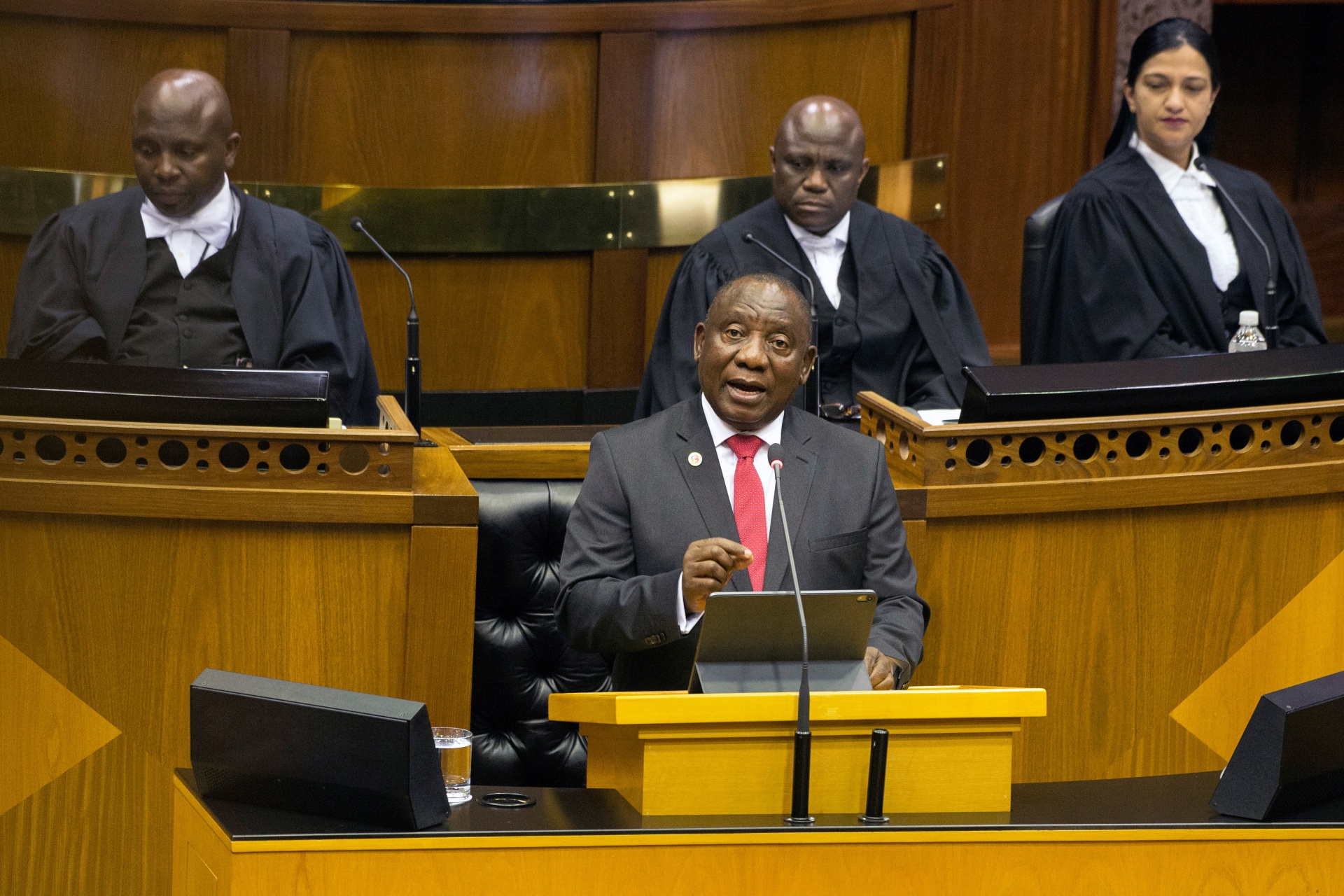 <p>South African President Cyril Ramaphosa delivers his State of the Nation Address at parliament in Cape Town, South Africa, June 20, 2019</p>