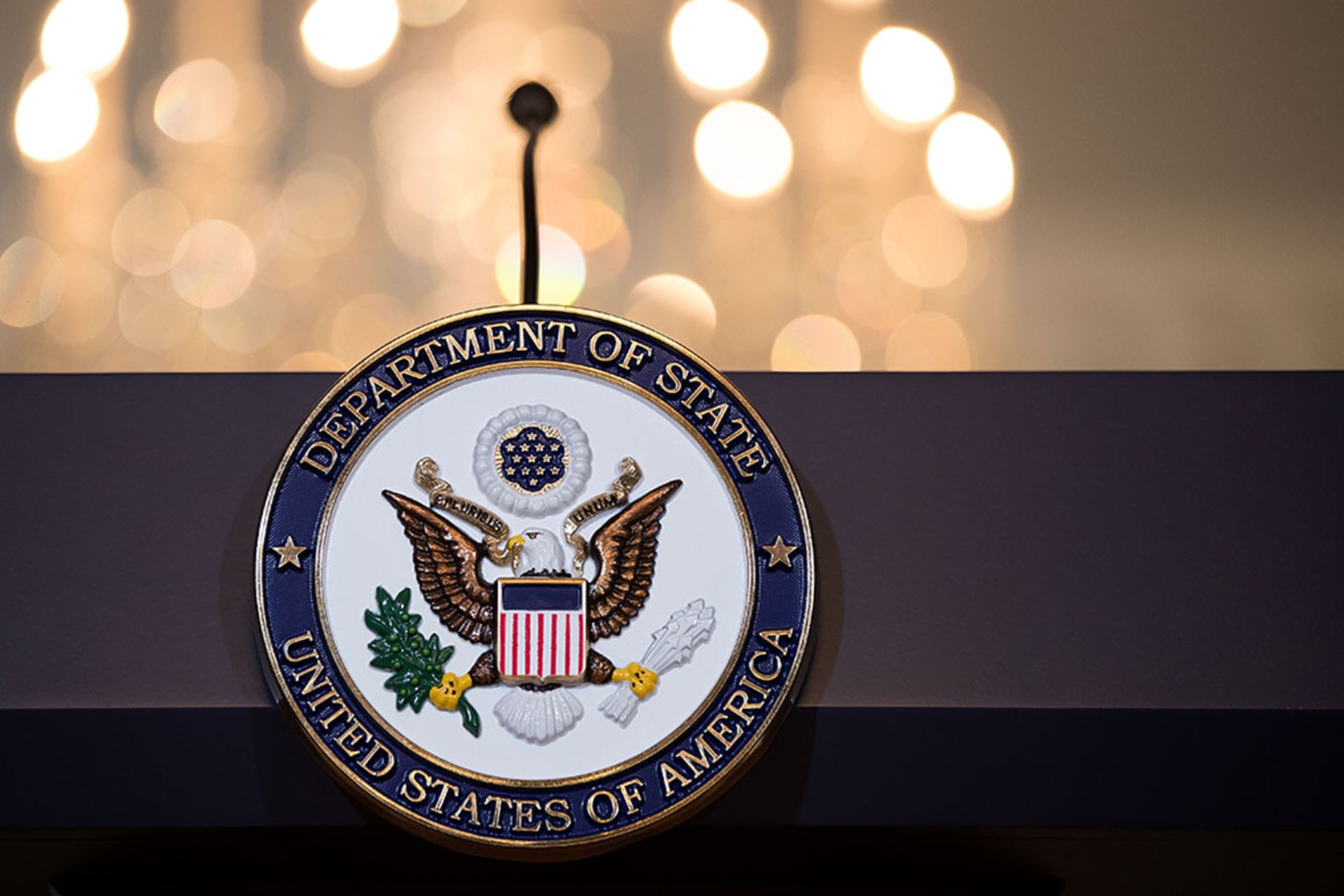 <p>A view of the State Department seal.</p>