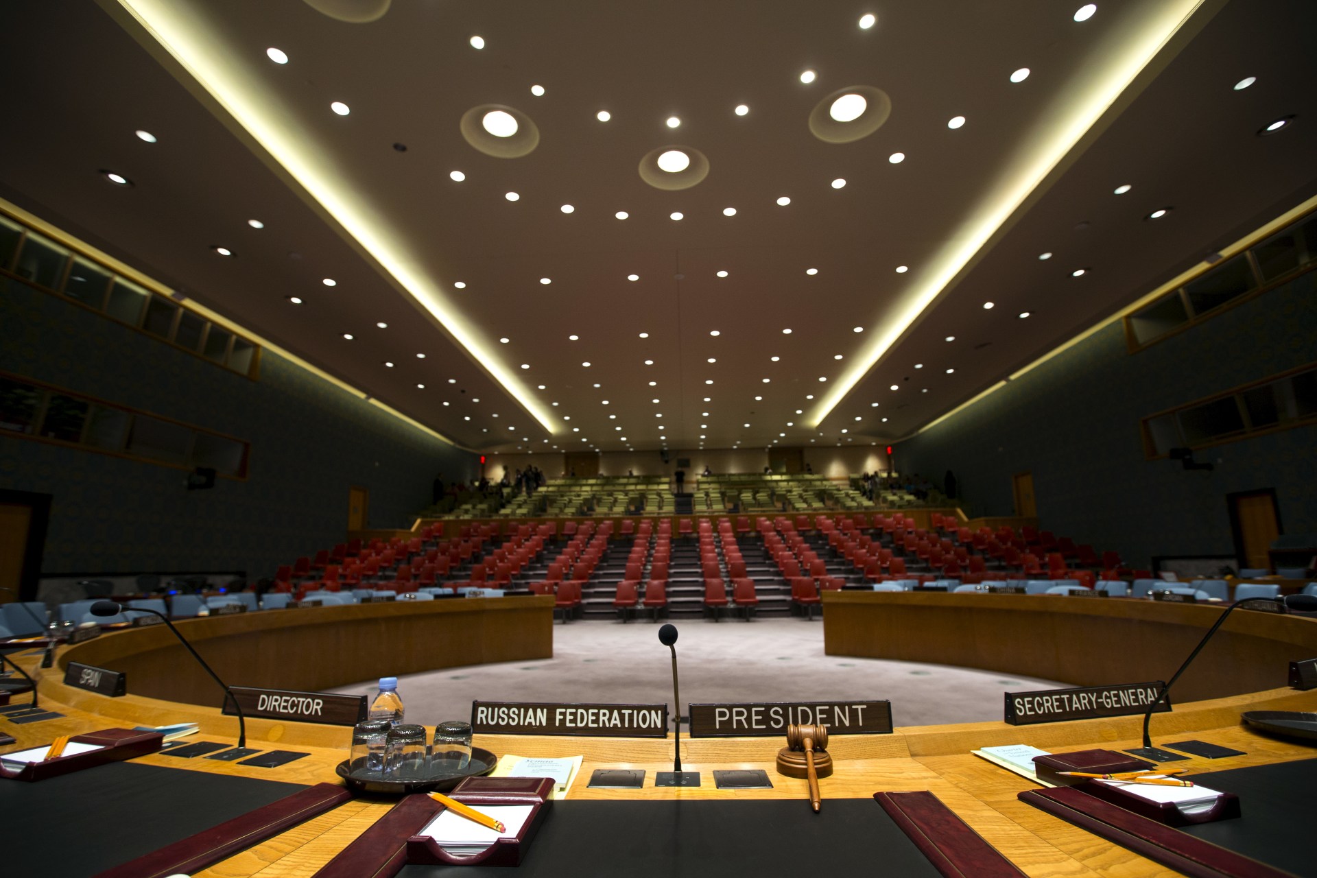 <p>The UN Security Council chamber is seen from behind the council president’s chair at the UN headquarters in New York City on September 18, 2015. </p>
