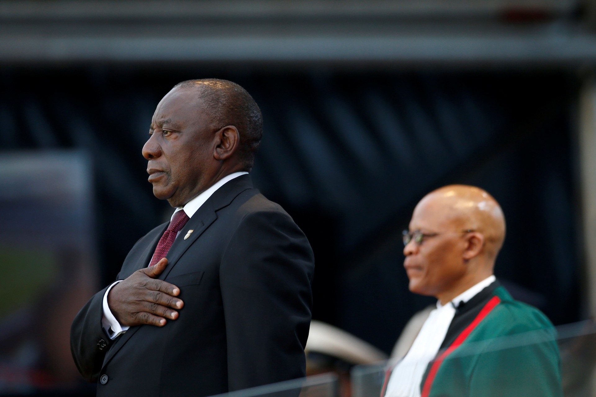 <p>Cyril Ramaphosa takes the oath of office at his inauguration as South African president, at Loftus Versfeld stadium in Pretoria, South Africa, on May 25, 2019.</p>
