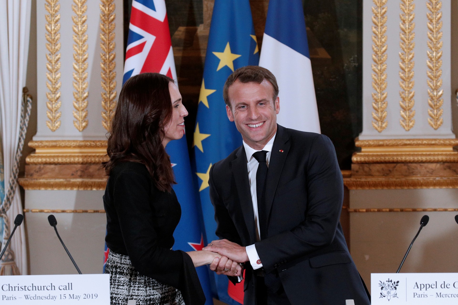<p>French President Emmanuel Macron and New Zealand’s Prime Minister Jacinda Ardern hold a news conference during the ‘Christchurch Call Meeting’ at the Elysee Palace in Paris, France May 15, 2019.</p>
